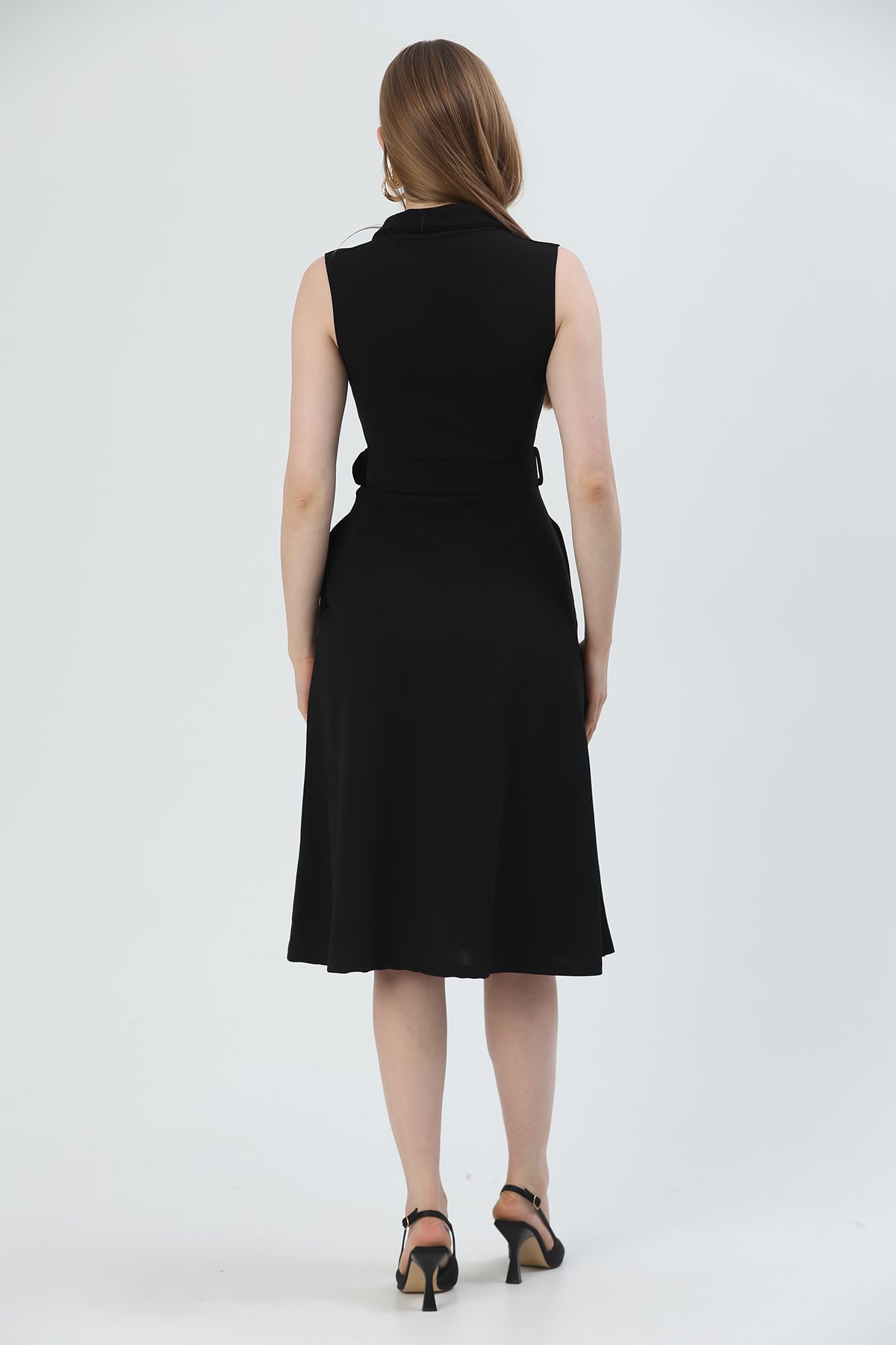 WOMAN VISION-Damen-Midikleid mit Gürteldetail, knielang, dehnbarer Stoff, zweireihig, Hemdkragen, schwarzes Midi-Kleid 012 3