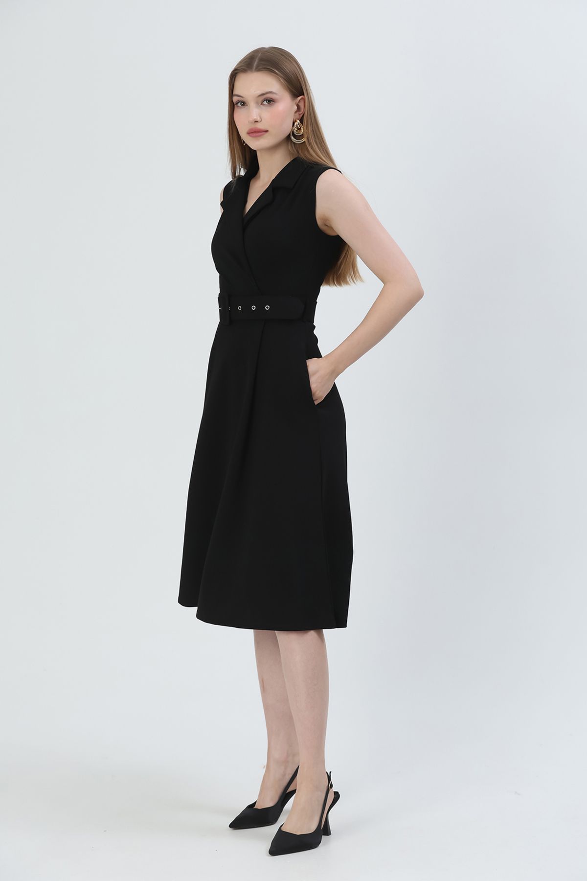 WOMAN VISION-Damen-Midikleid mit Gürteldetail, knielang, dehnbarer Stoff, zweireihig, Hemdkragen, schwarzes Midi-Kleid 012 7