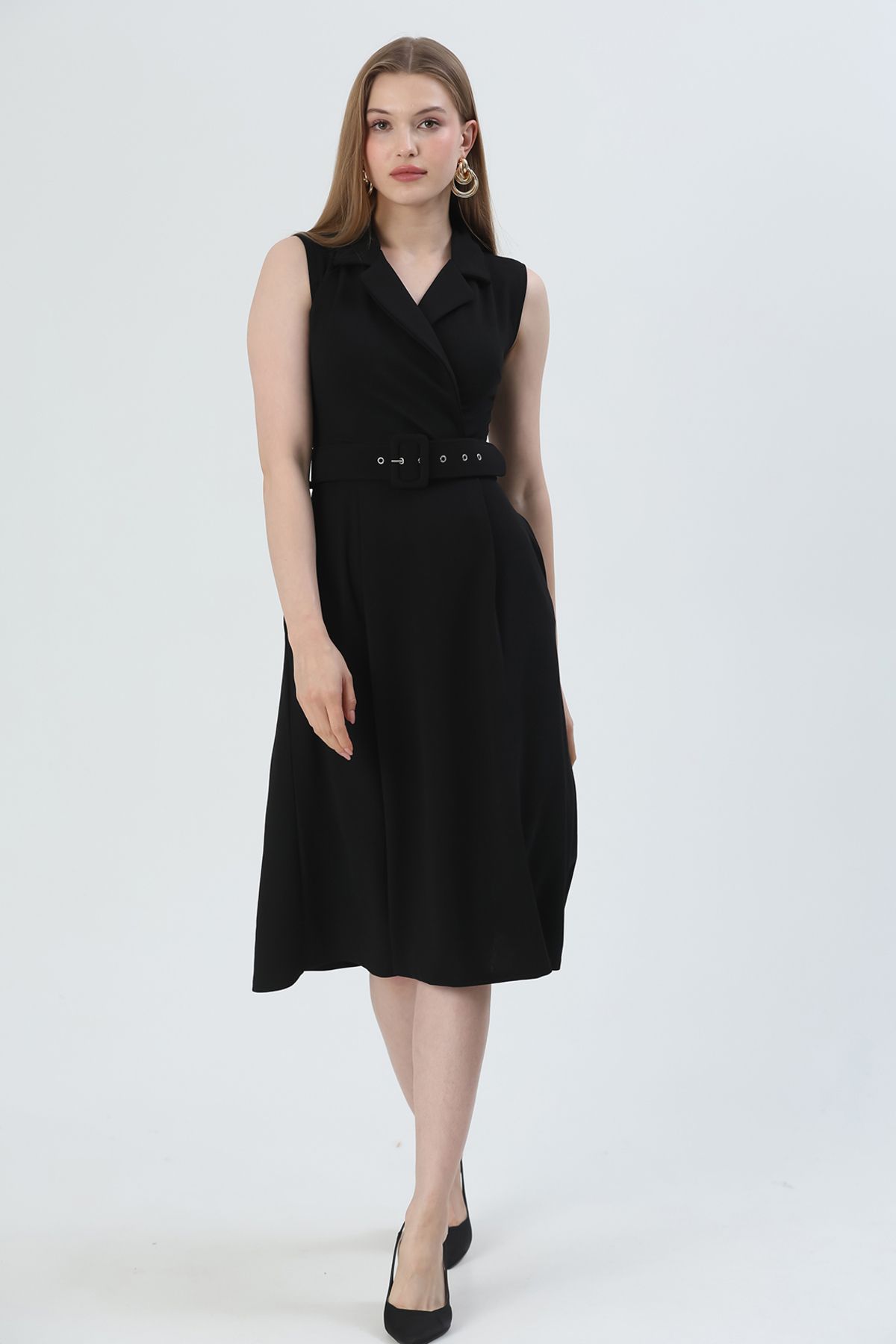 WOMAN VISION-Damen-Midikleid mit Gürteldetail, knielang, dehnbarer Stoff, zweireihig, Hemdkragen, schwarzes Midi-Kleid 012 5