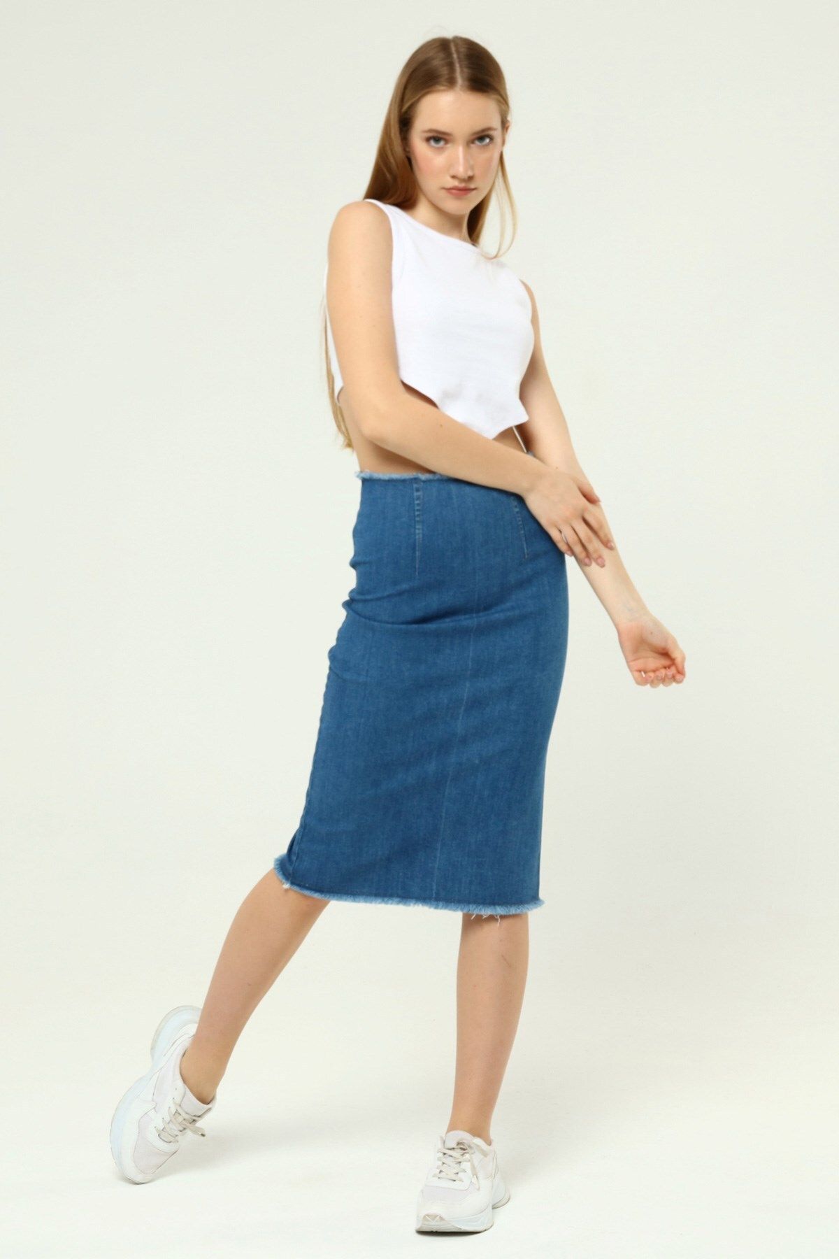 THE BARK-Denim Pencil Skirt with Tassels 1173 Blue 2