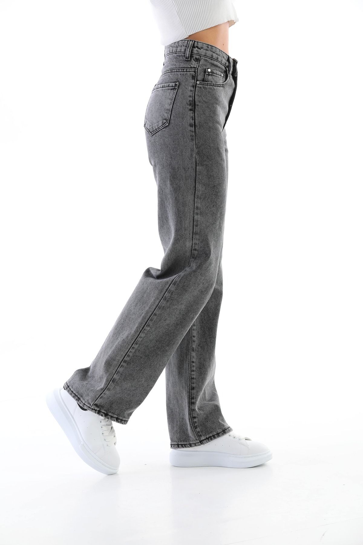 jeans palazzo taille haute à jambes larges en lycra snow wash pour femmes