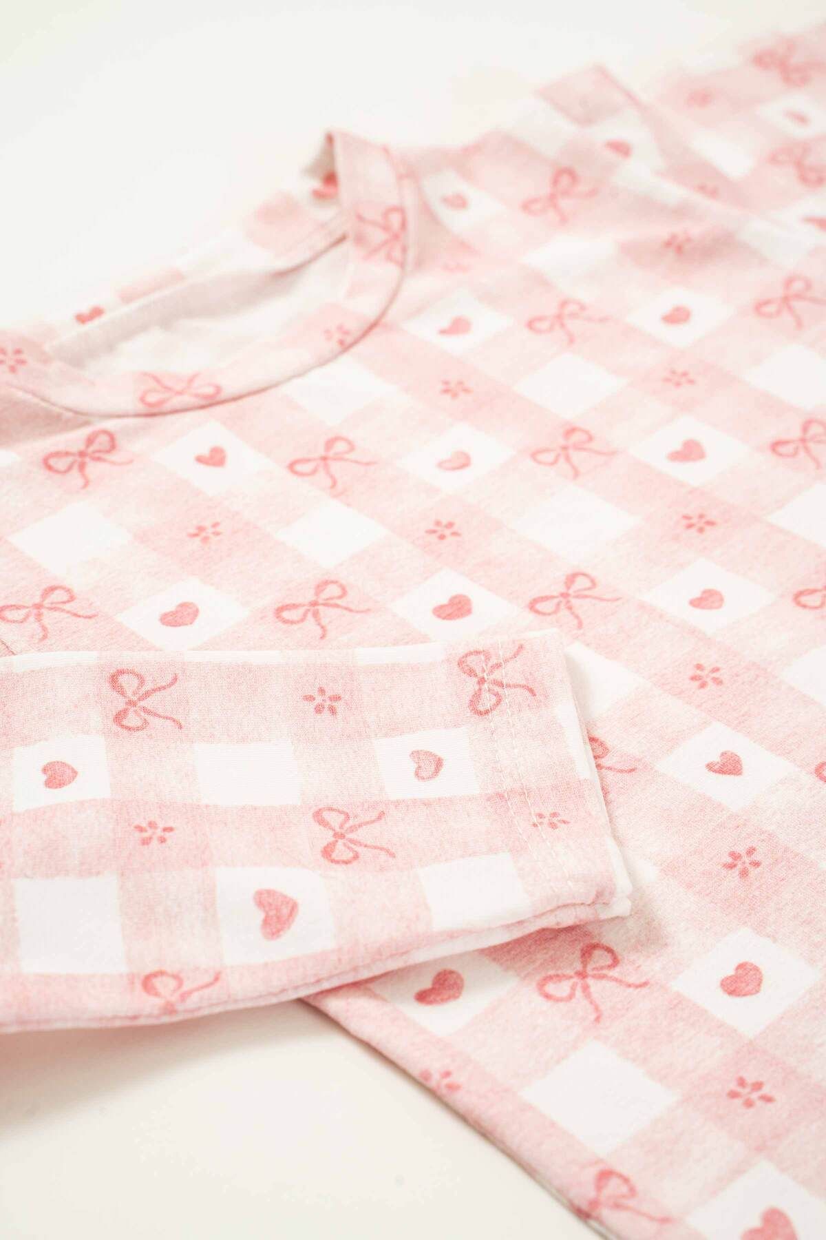 babynup-Pink Heart Ribbon Patterned Soft Baby Girl Pajamas Set 2