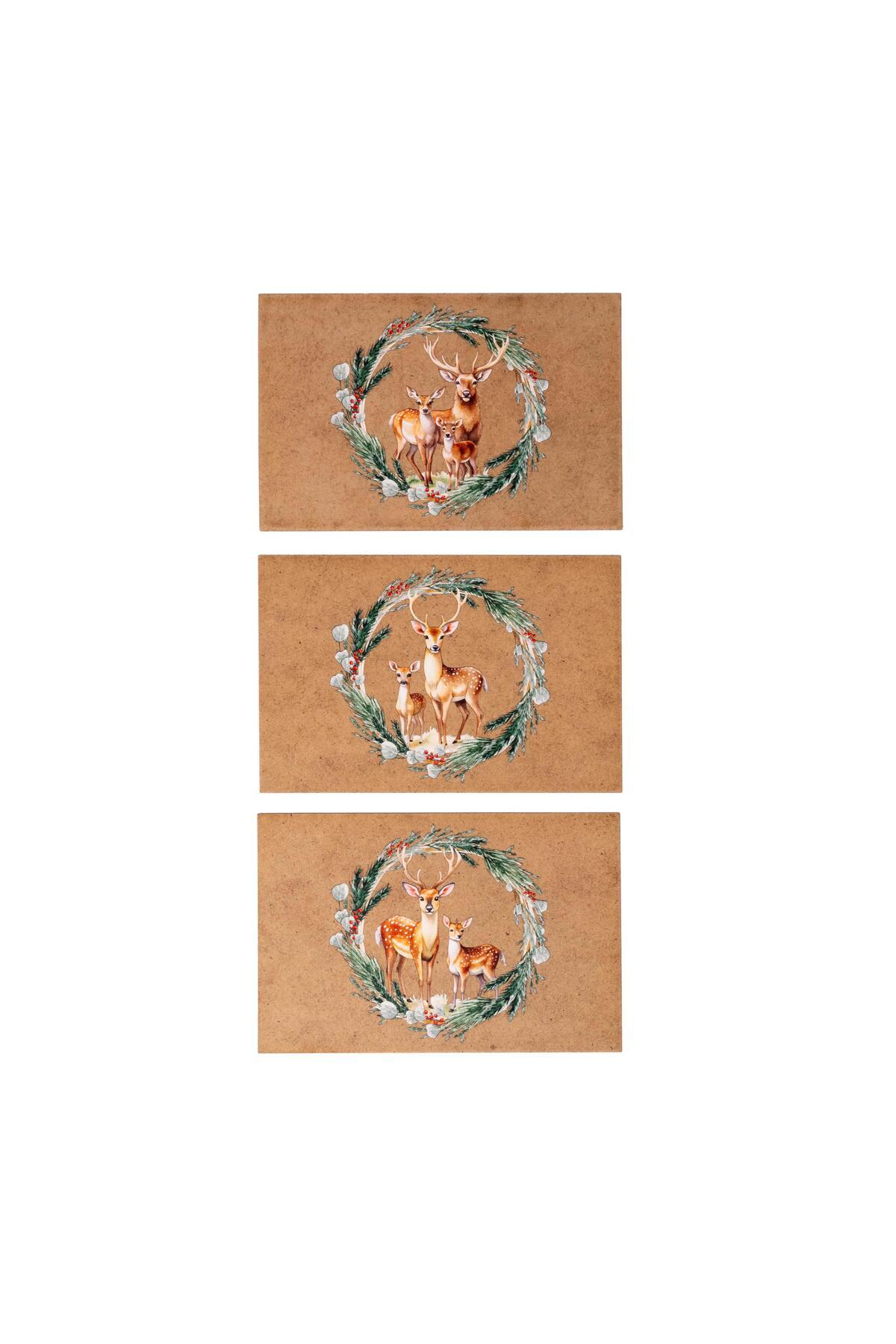 Anadolia Geyik Ailesi Desenli 3'lü Ahşap Kartpostal