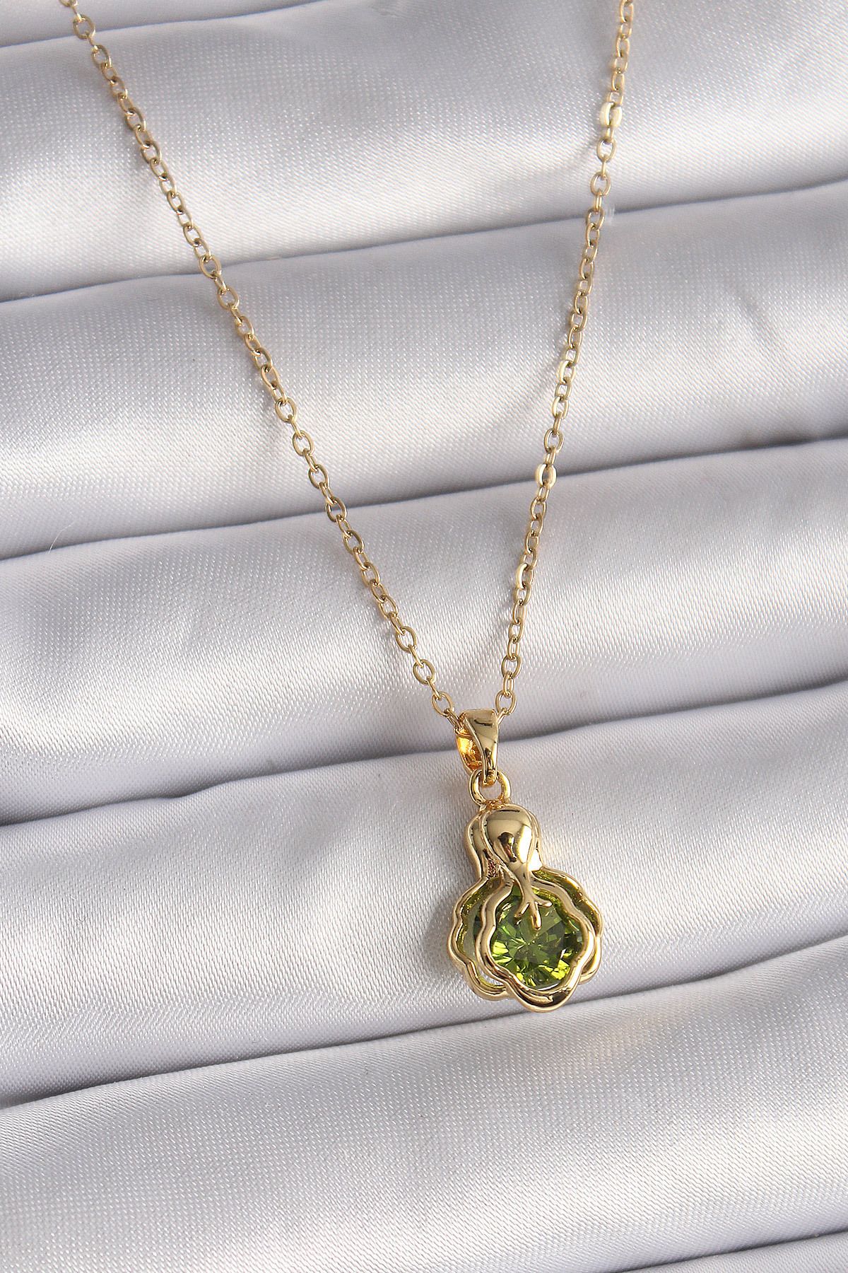 Evinso 316L Çelik Gold Renk Zincir Yeşil Zirkon Taşlı Vintage Model Kadın Kolye