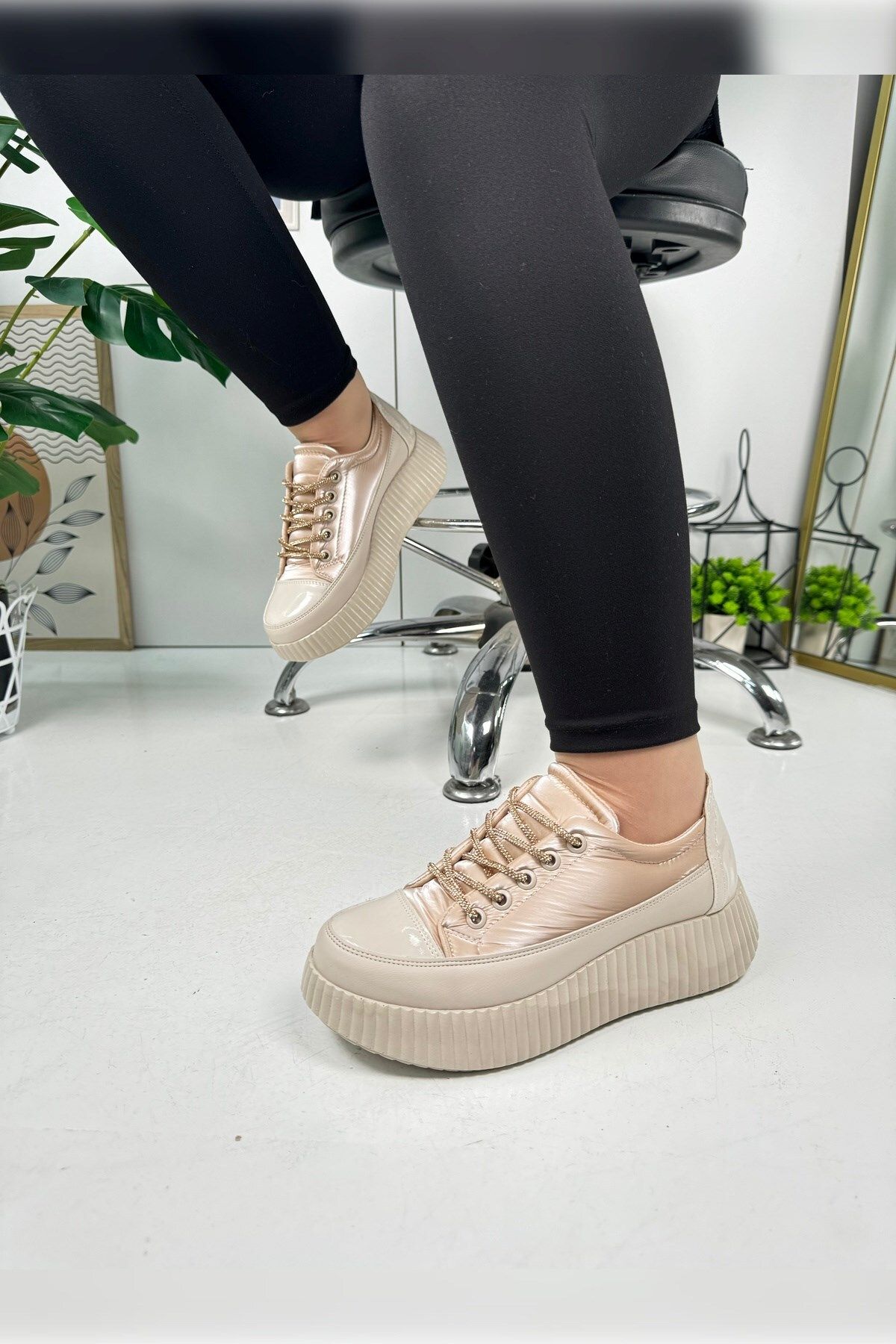 Allyup Pantofi Sport De Zi Cu Zi Pentru Femei, Bej, Cu Șireturi, Cu Talpă Groasă, Din Piele Lăcuită 775 Masculin - 36
