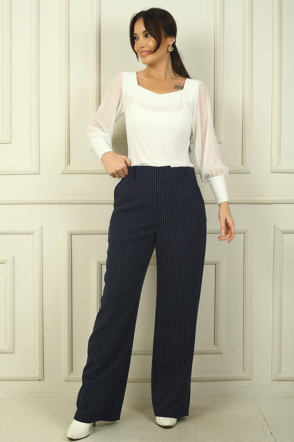 By Saygı-Women's Side Pocket Striped Palazzo Trousers 3