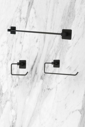 Aktel Banyo Kare Yapışkanlı Siyah 3'lü Set Uzun Havluluk-Tuvalet Kağıtlığı WC...