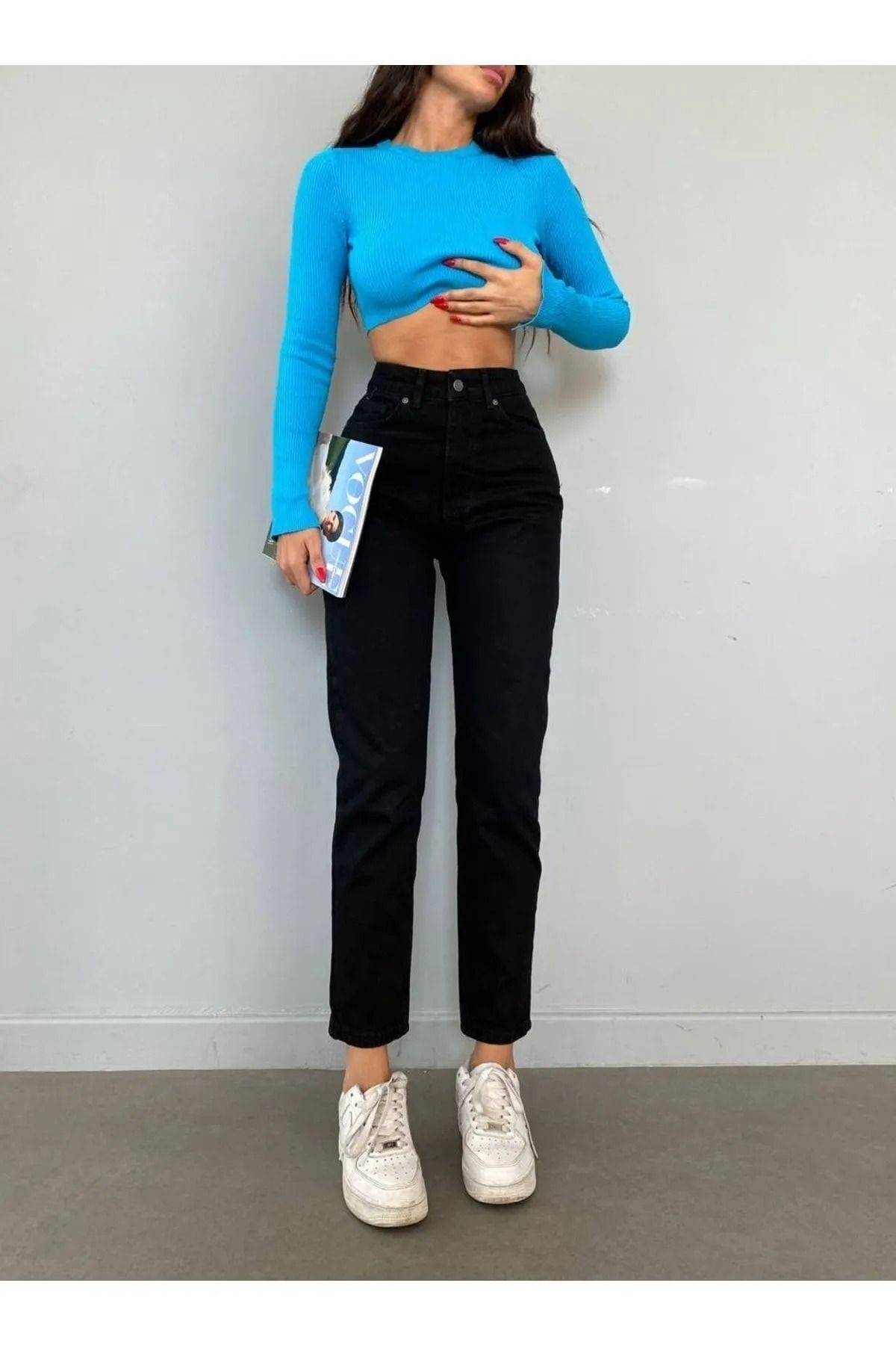 WODDİ Duryn Kadın Mom Yüksek Bel Solmayan Siyah Boyfriend Jean(tam kalıp)
