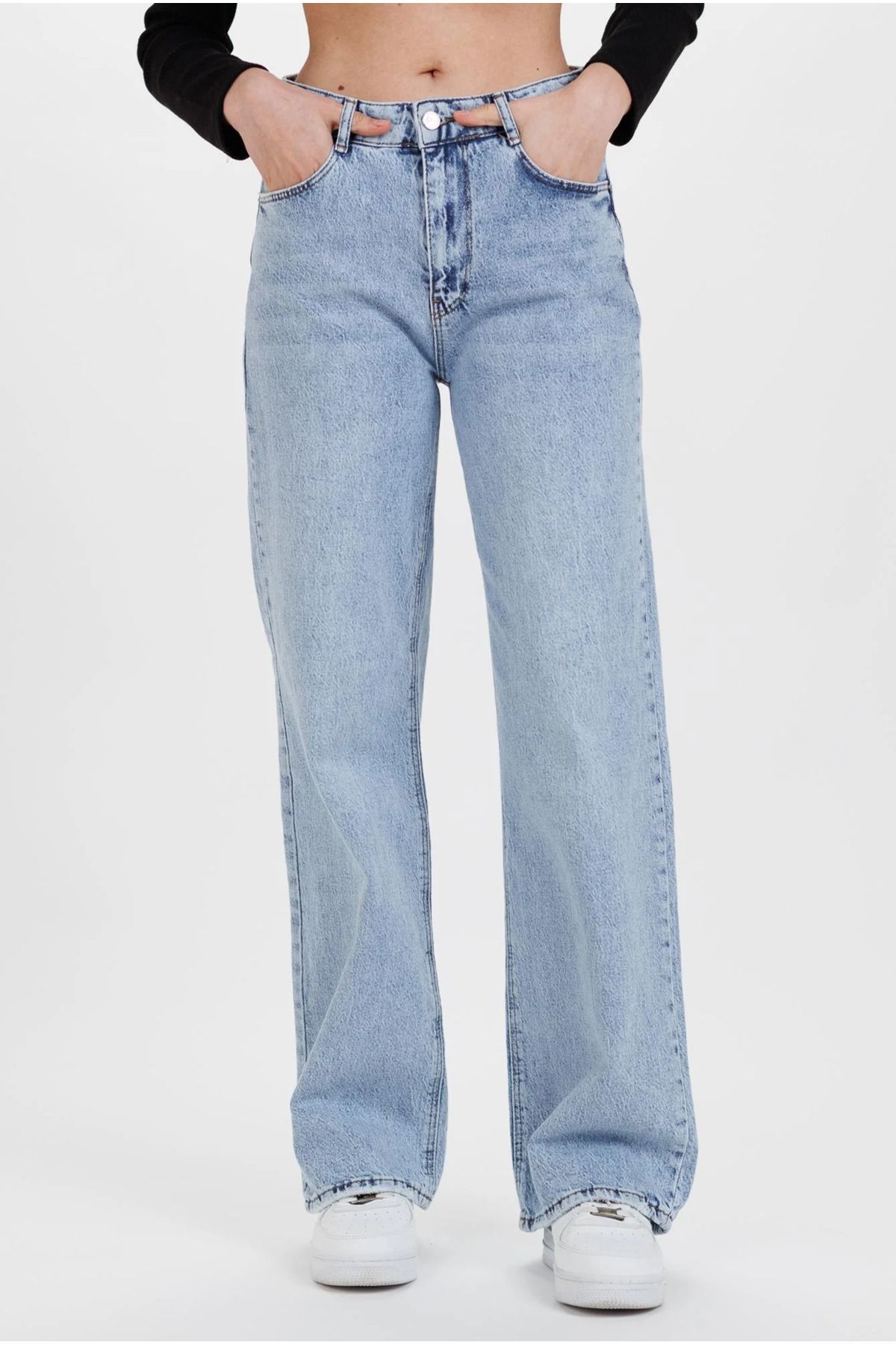 WODDİ Duryn Pamela Mavi Kar Yıkama Yüksek Bel Wide Leg Comfort Likralı Palazzo Bol Paça Kot Pantolon Jeans