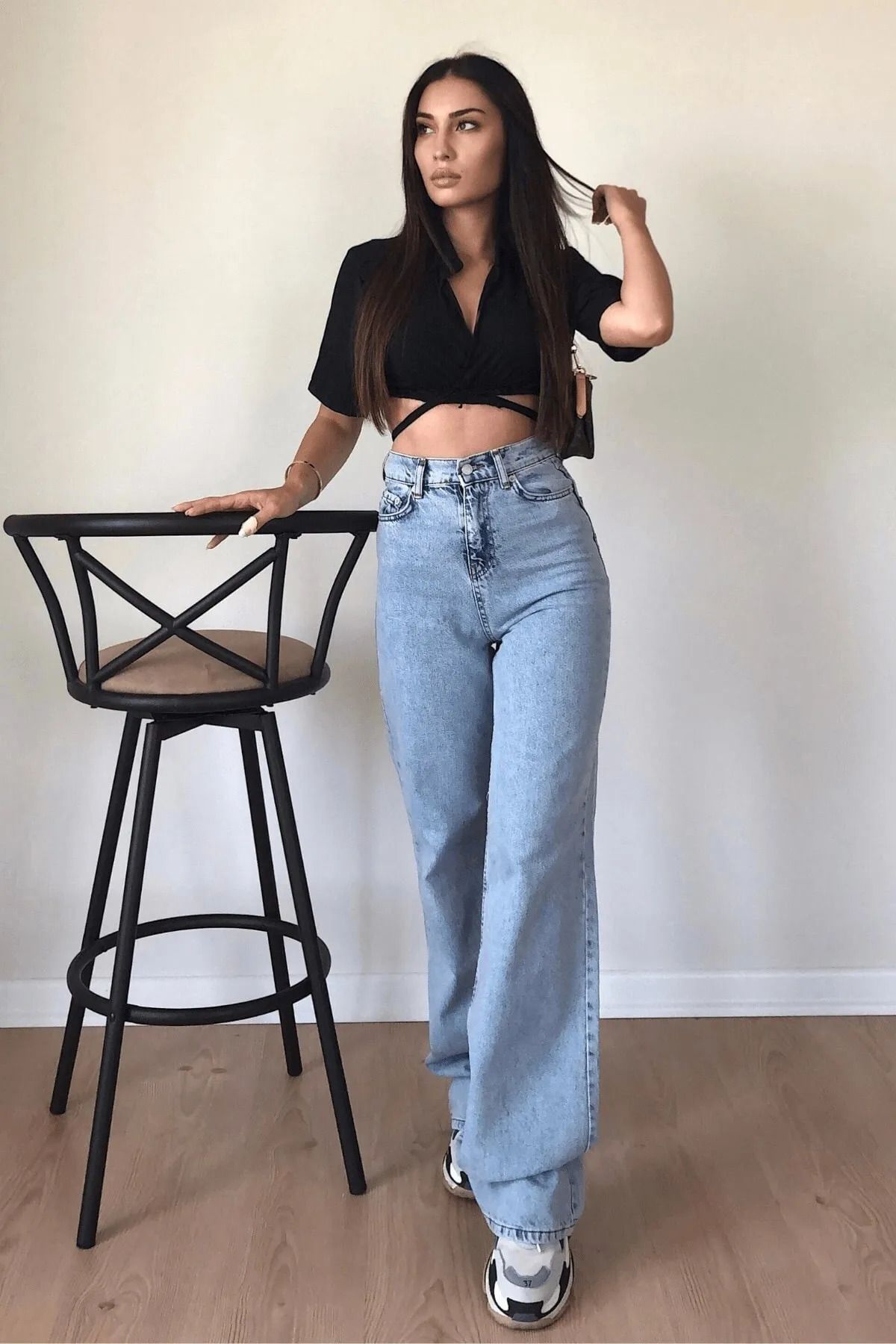 WODDİ Duryn Pamela Kadın Wide Leg Jeans Mavi Salaş Yüksek Bel Likralı Palazzo Kot Pantolon