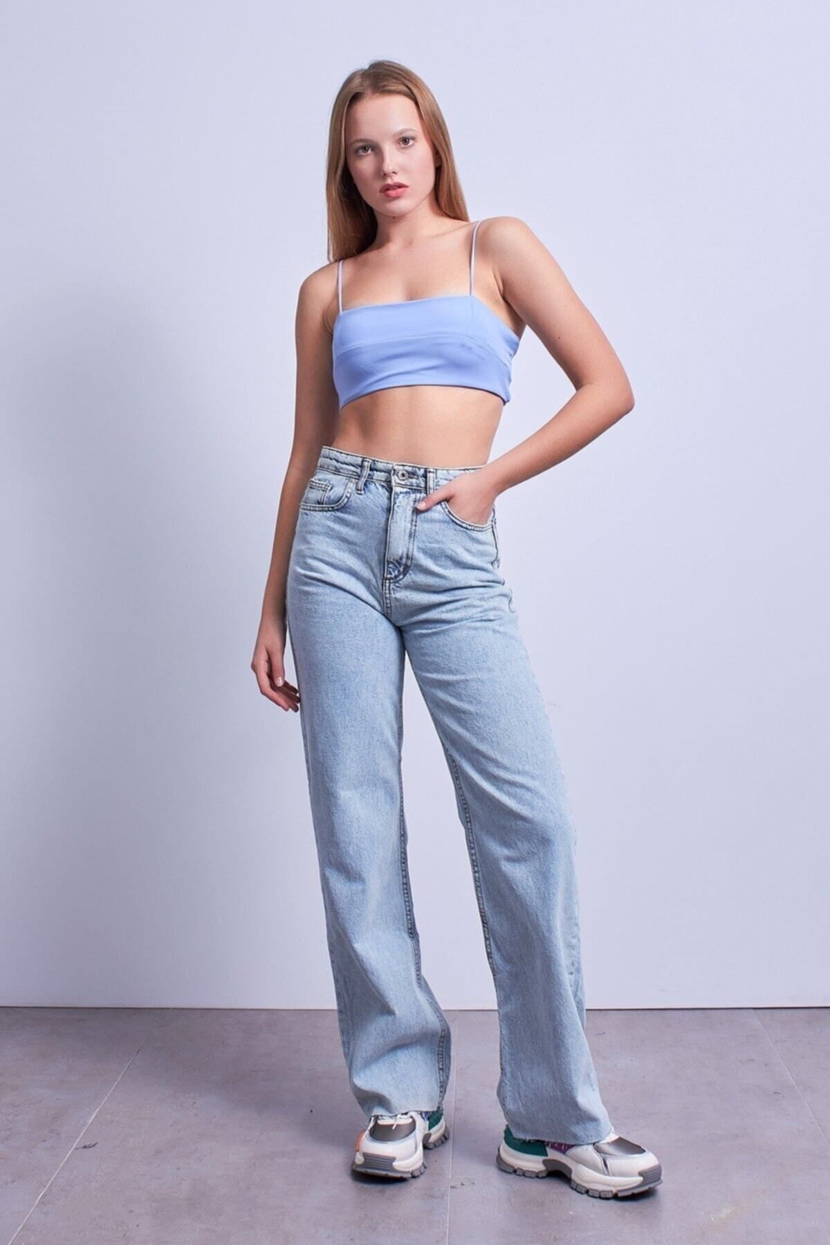 WODDİ Duryn 90's Kar Yıkama Mavi Likralı Süper Yüksek Bel Salaş Jeans Palazzo Pantolon