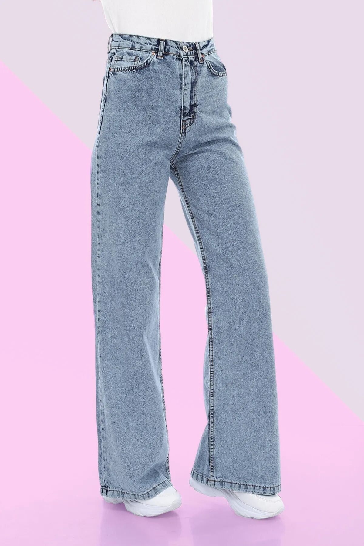 WODDİ Duryn Pamela Kar Yıkama Mavi Yüksek Bel Likralı Palazzo Bol Paça Jeans Kot Pantolon
