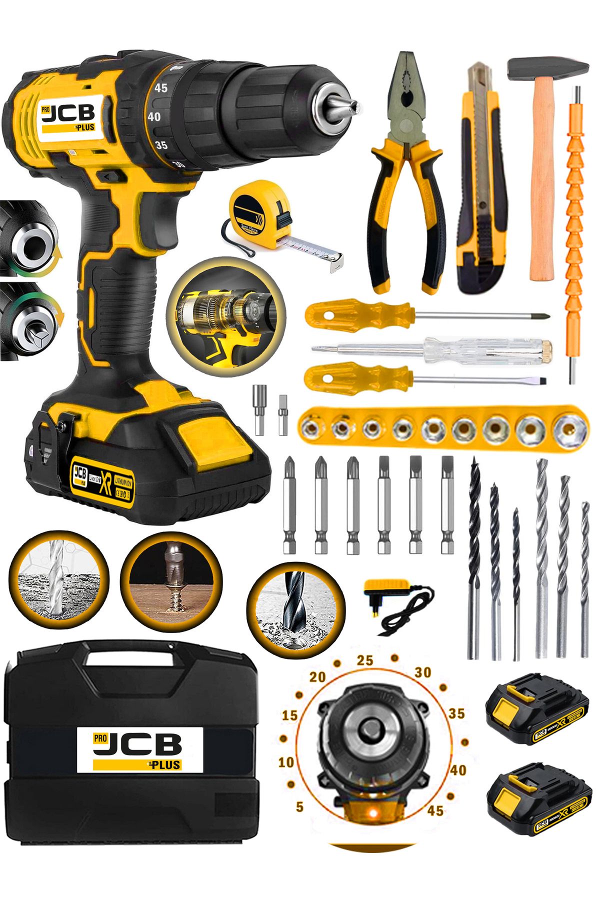 ProJCB Plus J-1437 Xr Gladyatör Yeni Nesil Lion 2 Akülü 45 Torq Kademeli Vidalama Matkap 37 Pcs Komple Set