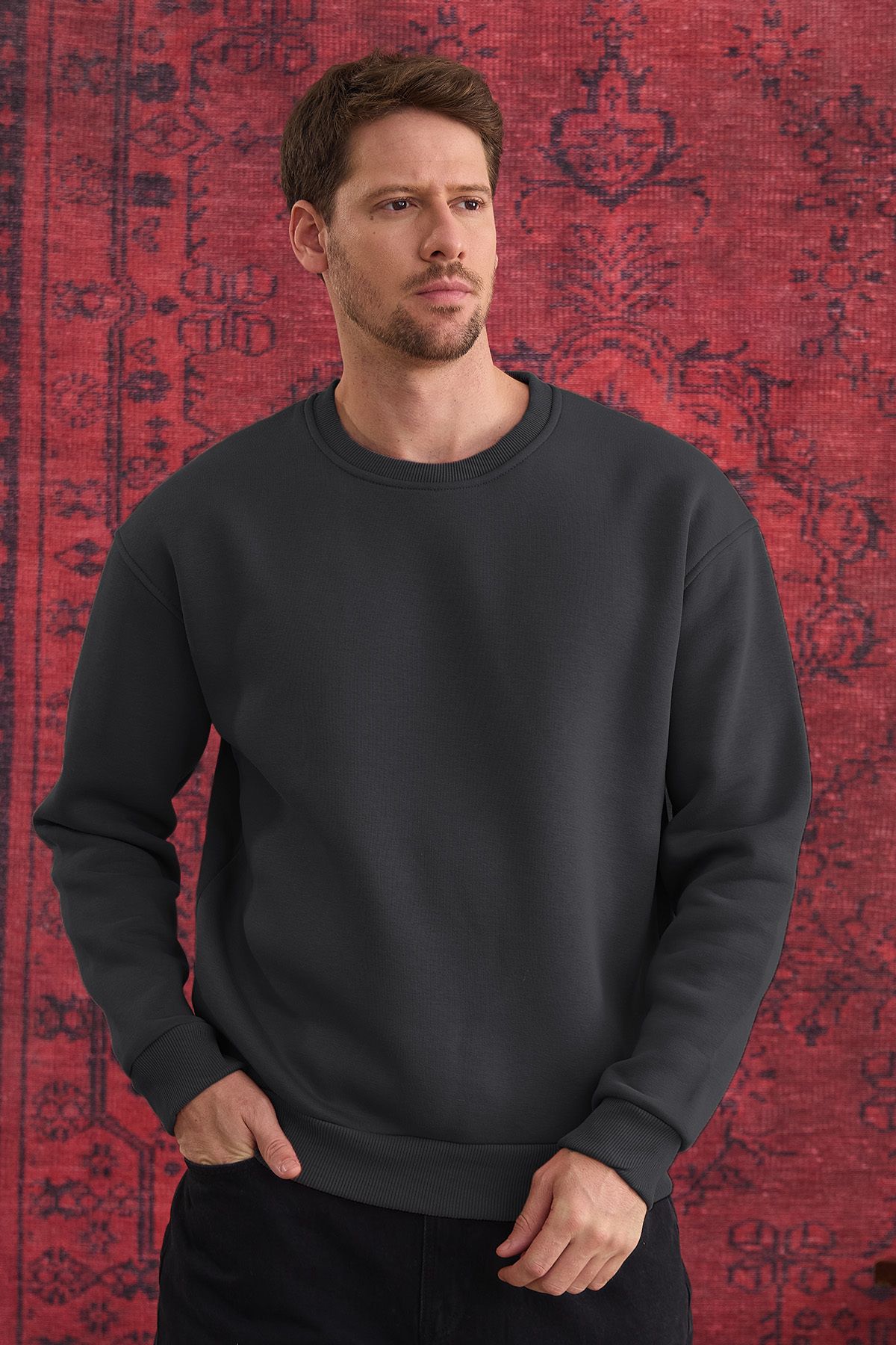 COMBİNE MİCHAİL-Men's Oversize Crew Neck Sweatshirt - Smoked 3