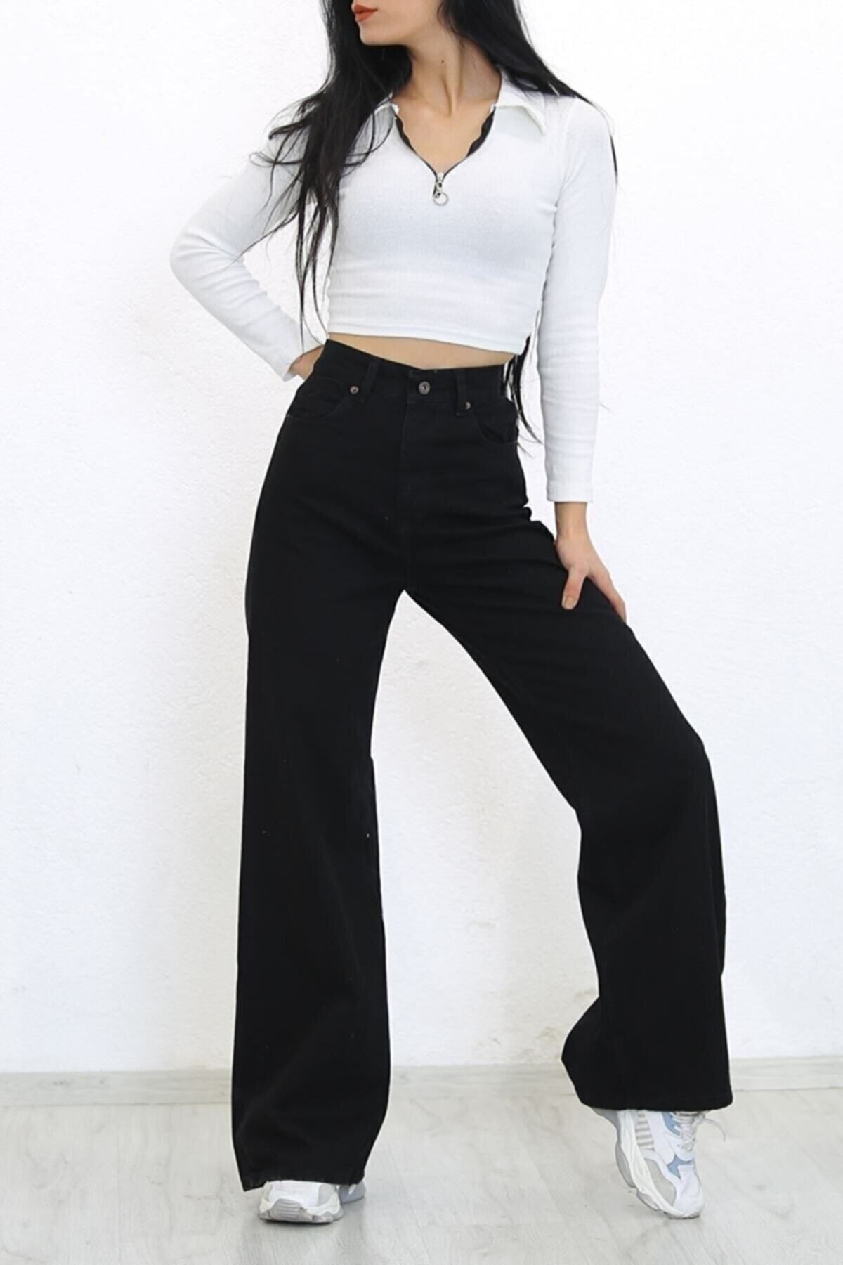 WODDİ Duryn Siyah Süper Yüksek Bel 90's Wide Leg Bol Paça Salaş Comfort Likralı Palazzo Jeans