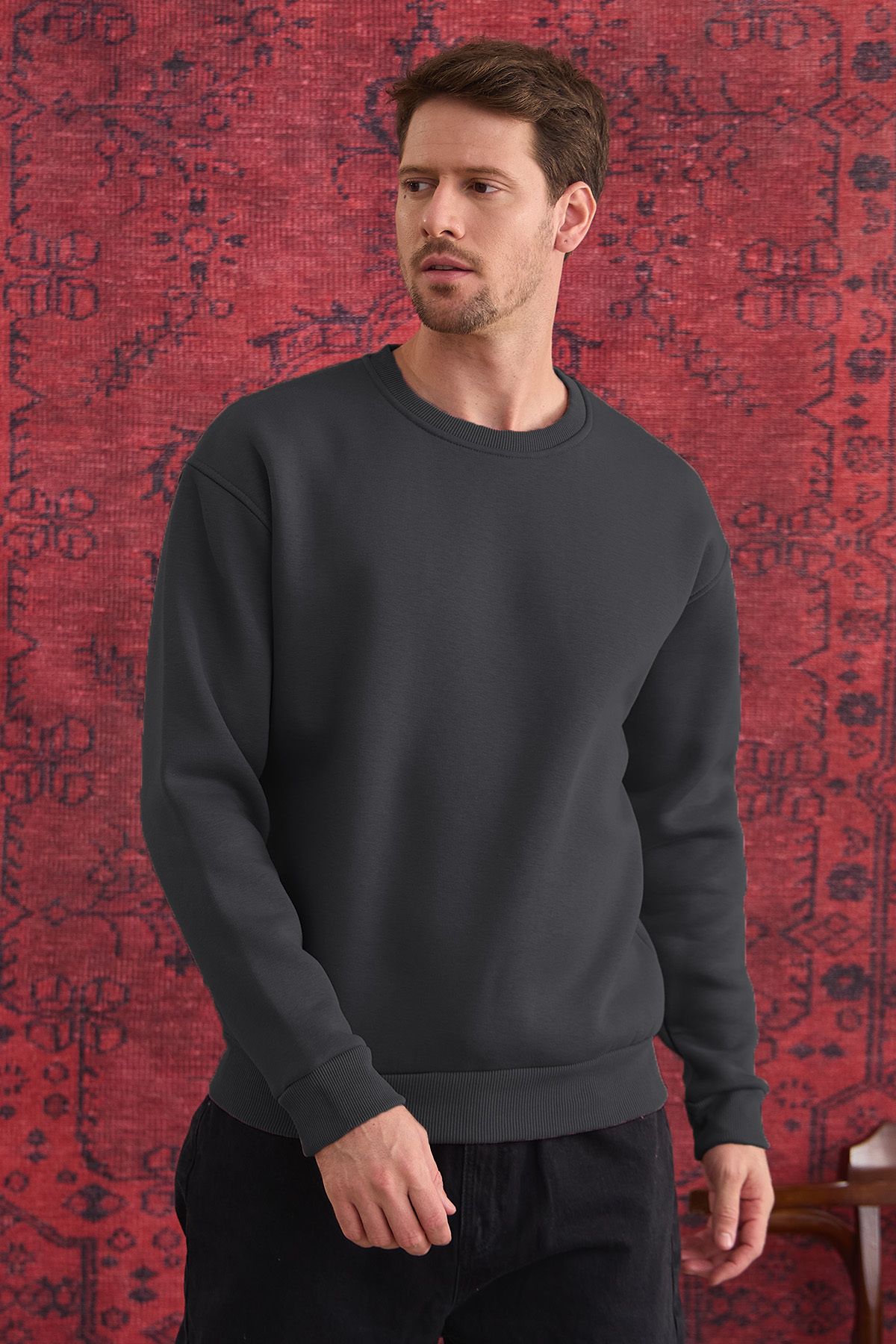 COMBİNE MİCHAİL-Men's Oversize Crew Neck Sweatshirt - Smoked 2