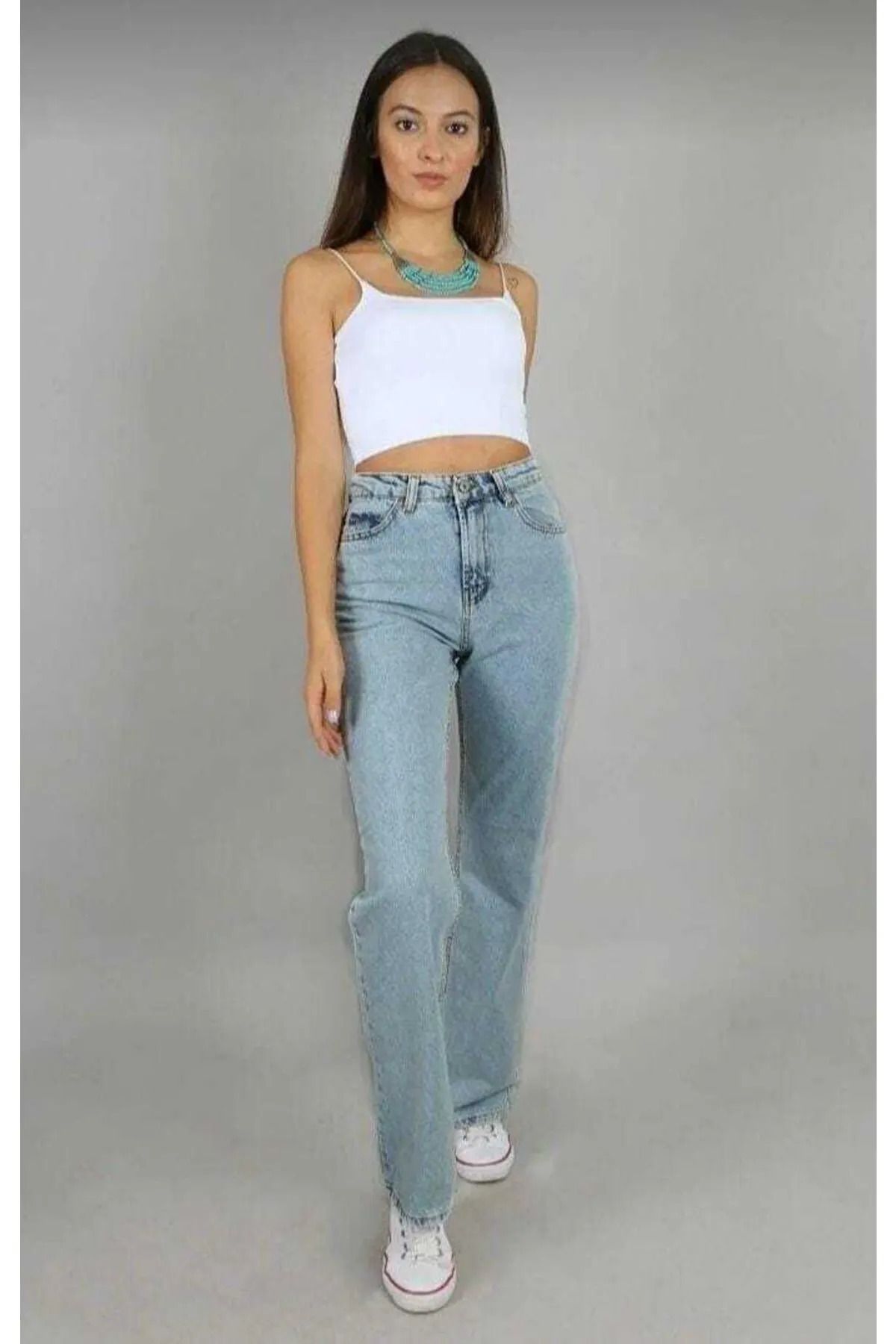 WODDİ Duryn Pamela Kadın Süper Yüksek Bel Mavi Asit Kar Yıkama Wide Leg Likralı Palazzo Jeans Pantolon