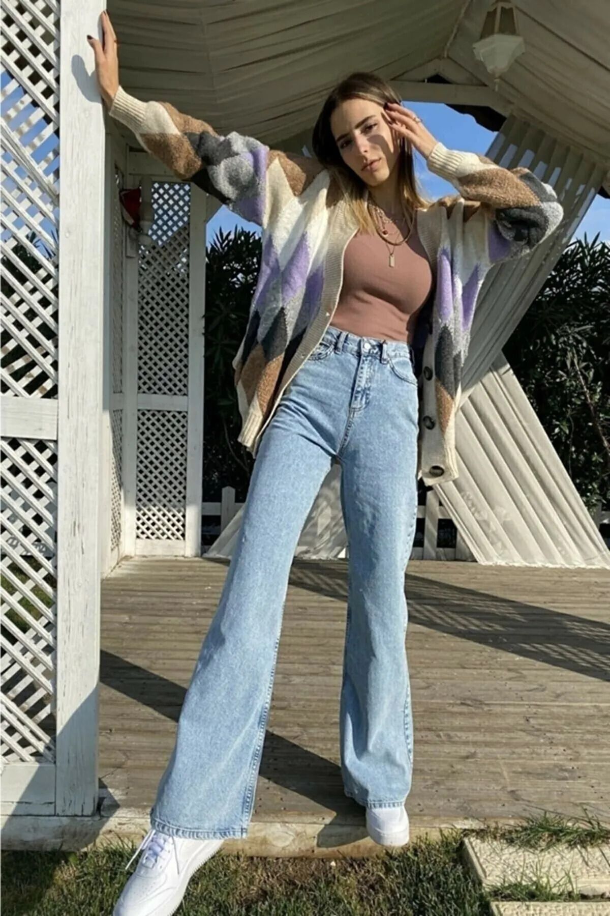 WODDİ Duryn Pamela Kadın Jeans Mavi Kar Yıakama Salaş Yüksek Bel Likralı Palazzo Kot Pantolon