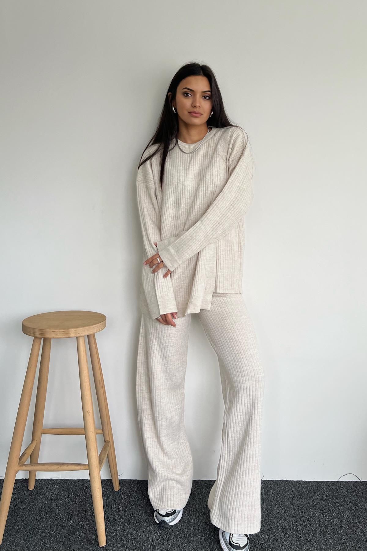 misigo-Side Detailed Ribbed Knitwear Suit ECRU 6