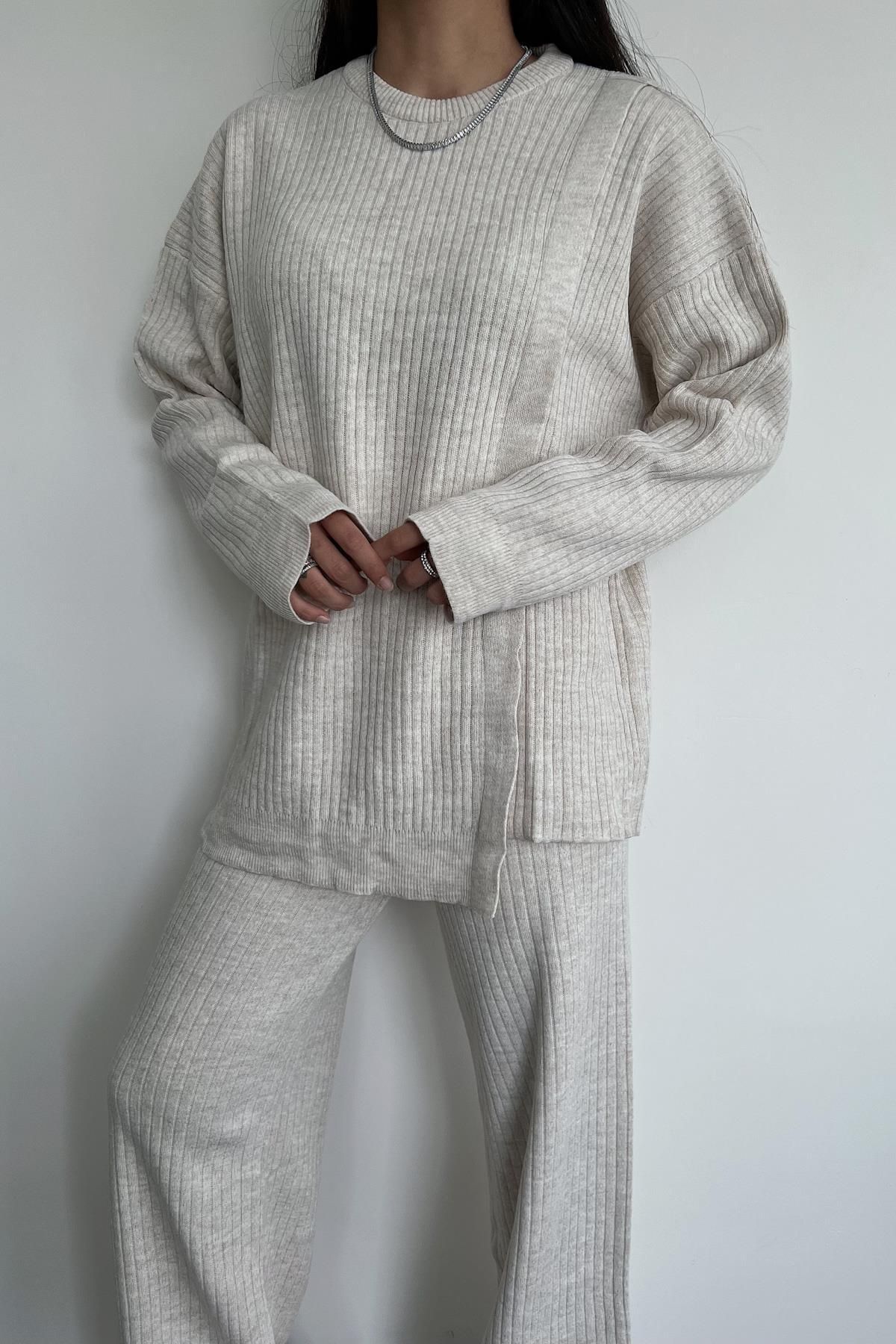 misigo-Side Detailed Ribbed Knitwear Suit ECRU 5