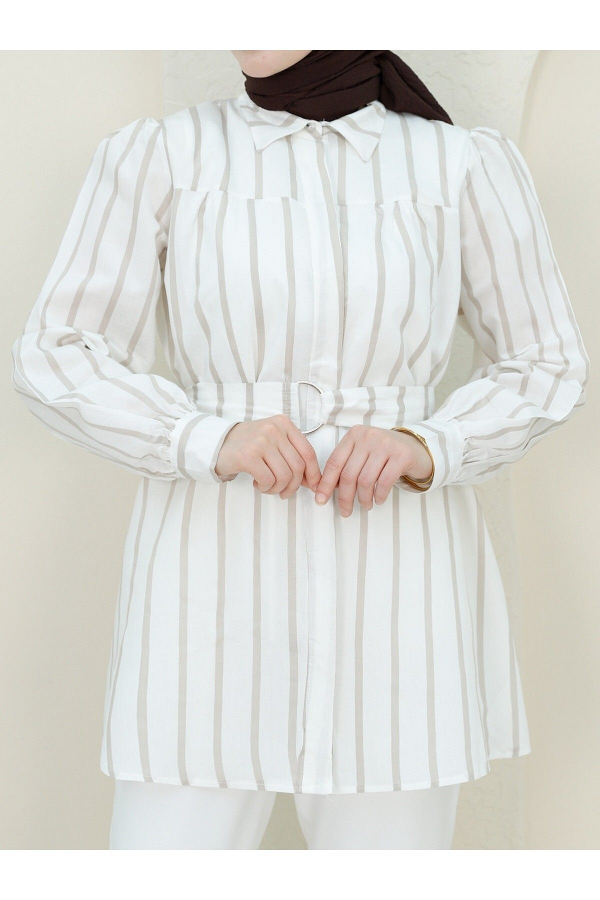 Modamorfo-Thick Striped Shirt with Buckle and Belt 5