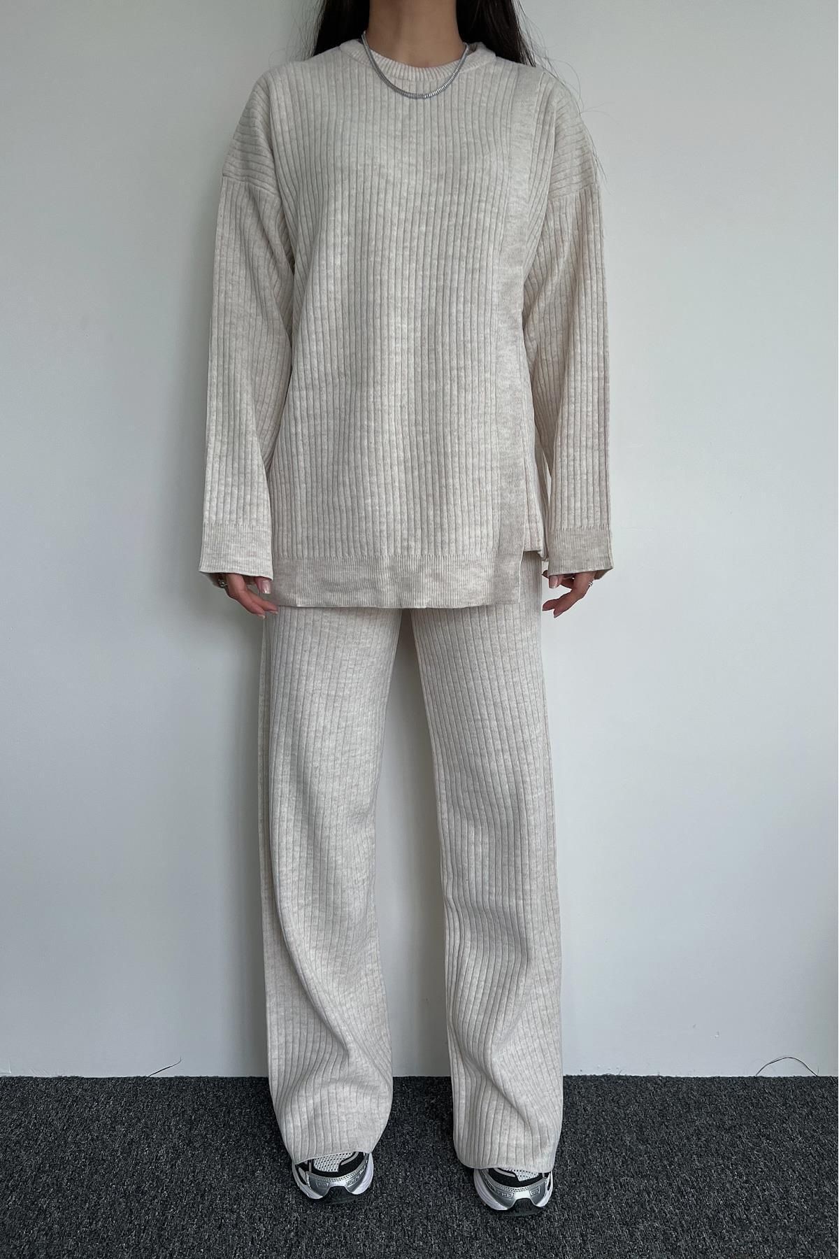 misigo-Side Detailed Ribbed Knitwear Suit ECRU 2