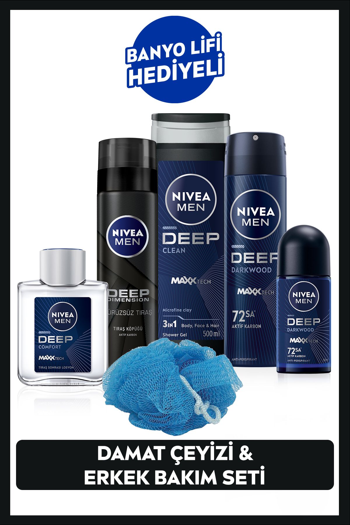 NIVEA MEN Erkek Çeyiz Seti,Duş Jeli 500ml,Sprey Deodorant 150ml,Tıraş Köpüğü 200ml, Losyon 100ml, Roll-on