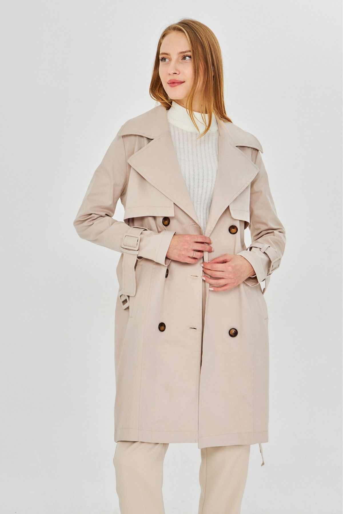 PASTELASTORE-Stretchy Cotton Gabardine Midi (95CM) Unlined Women's Trench Coat 1118 2