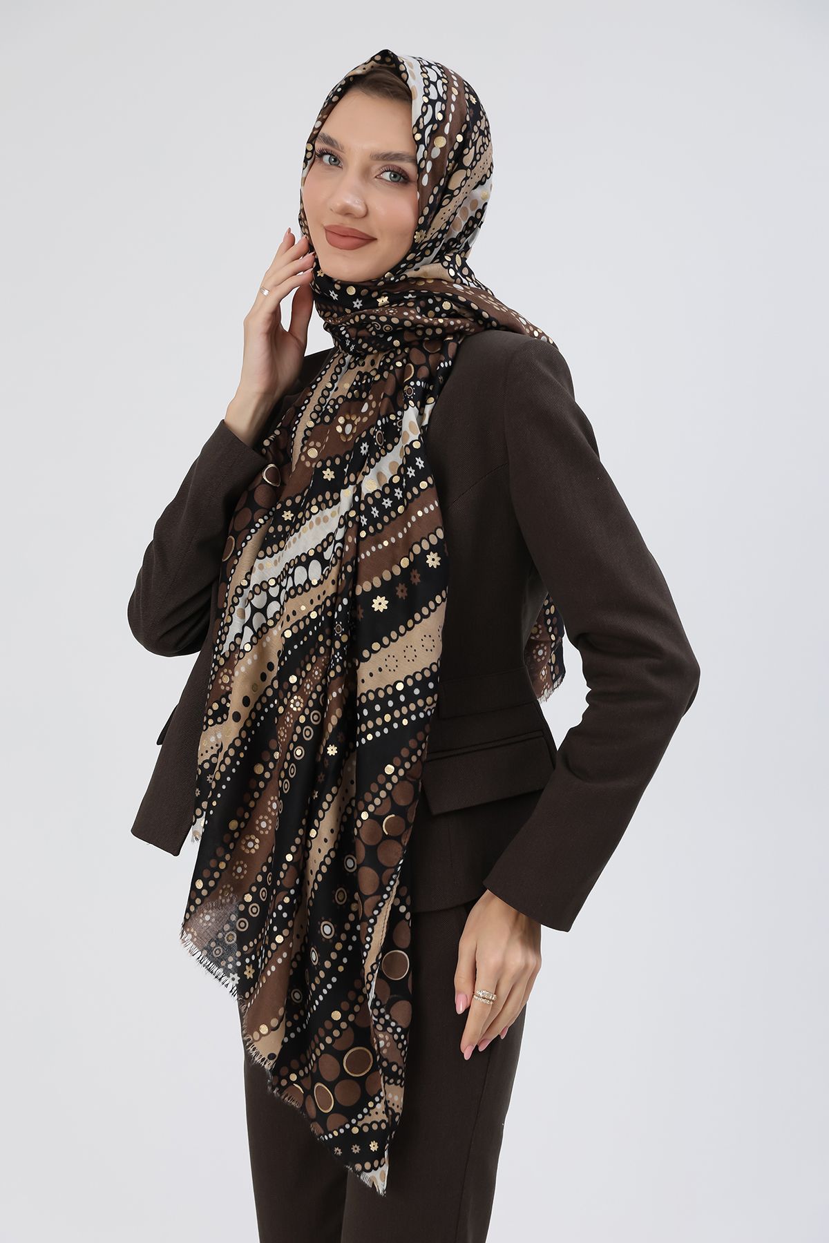 REMSA-Women's Shawl with Ethnic Pattern and Tassels - Brown 5055 3