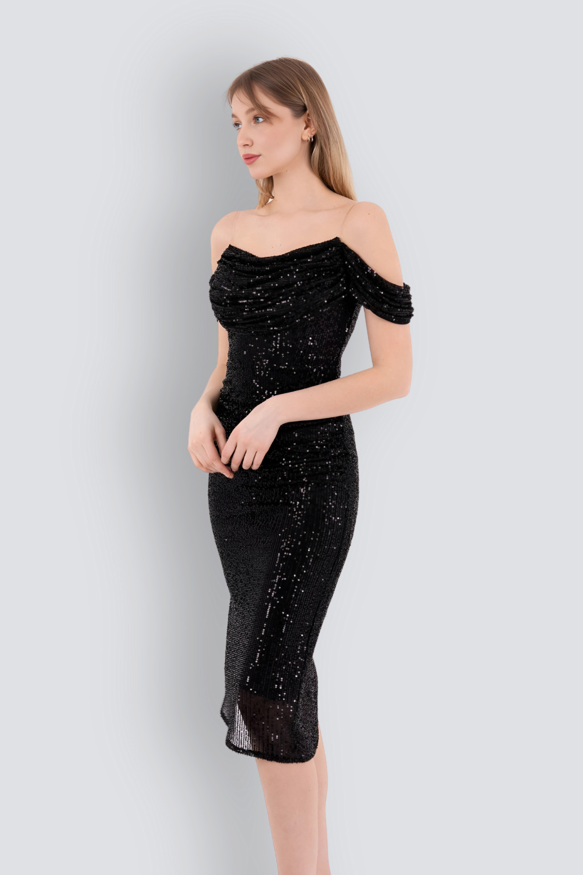 HOX'S Gisele Black Midi Strapless Pencil Evening Dress - Carmen Collar ...