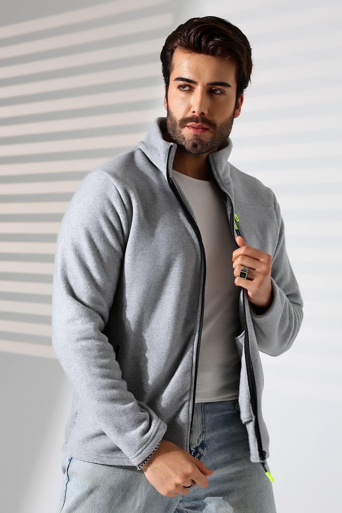 TİJA-Men's Zippered Pocket, Anthrast Melange Fleece Cardigan, Jacket, Anti Pilling, Anti Pilling Fleece 3