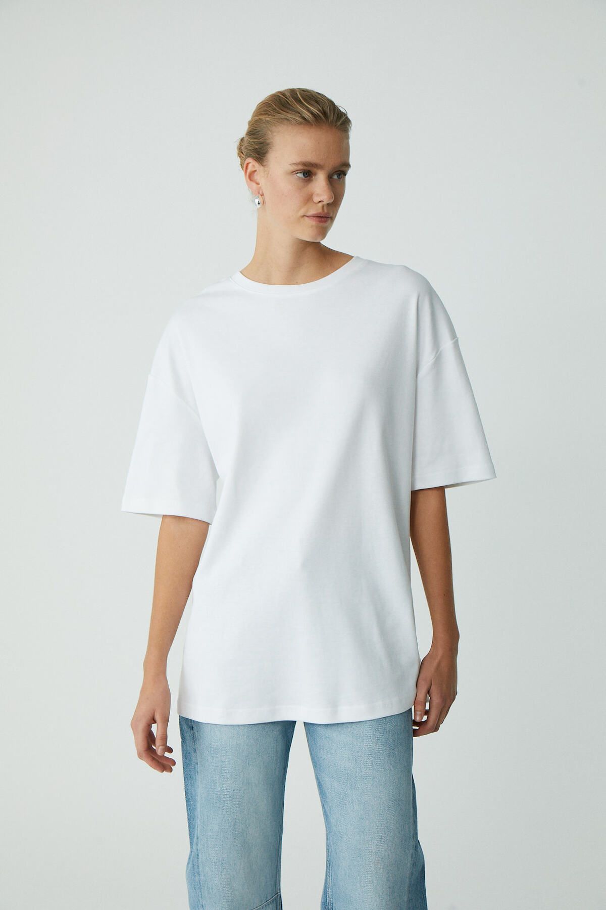 ETHIQUET Vıvıan Kadın %100 Organik Pamuklu Oversize Fit Bisiklet Yaka Basic Ekru Büyük Beden T-shirt