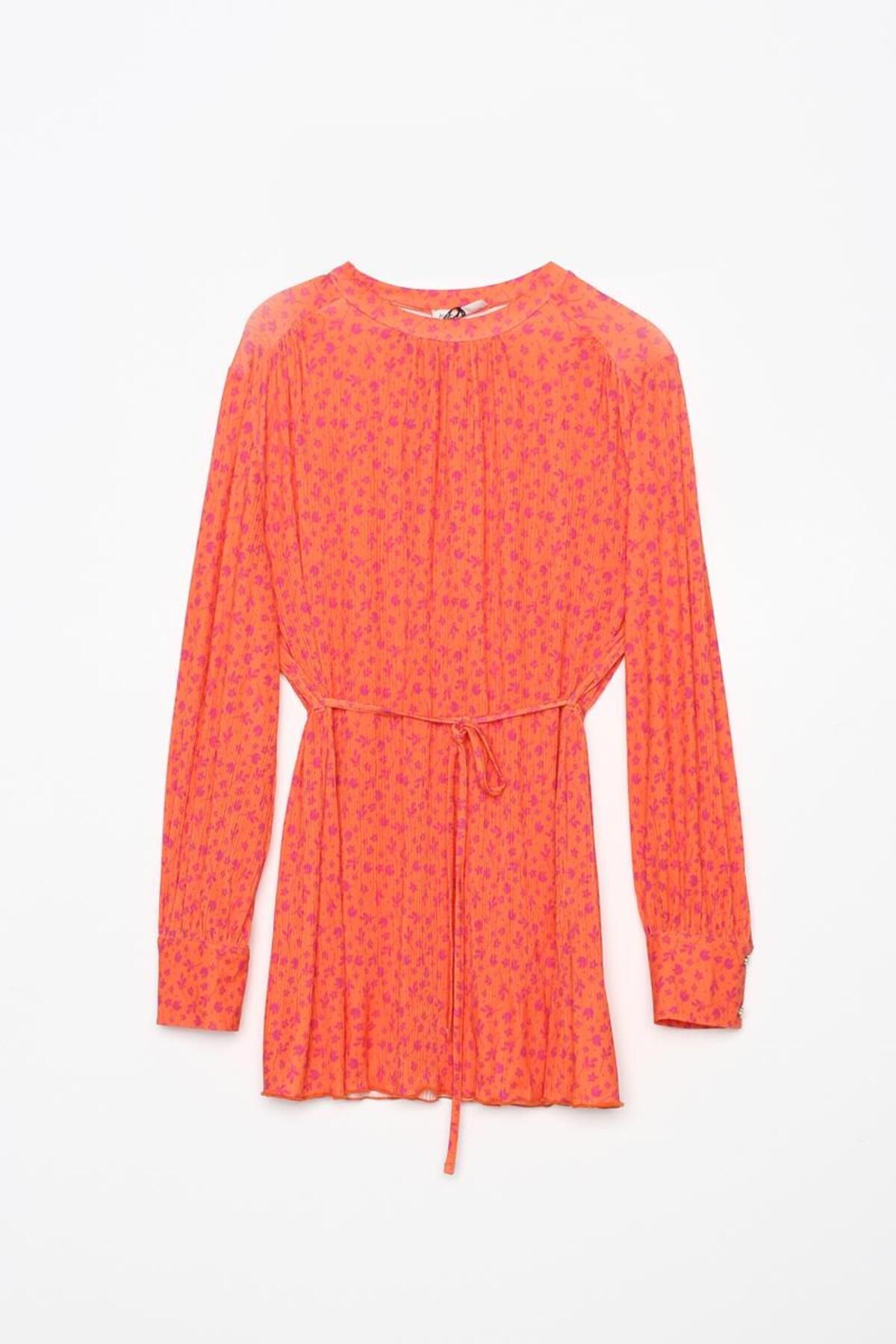ALLDAY-Orange-Fuchsia-Patterned Comfortable Pleated Tunic with Piping Belt 6