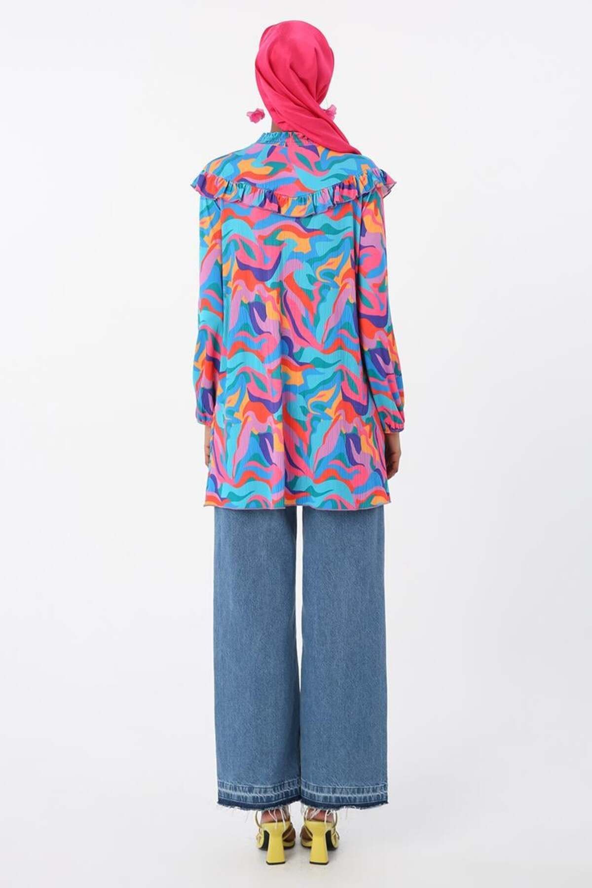 ALLDAY-Turquoise-Pink-Robe Ruffle Print Printed Tunic 4