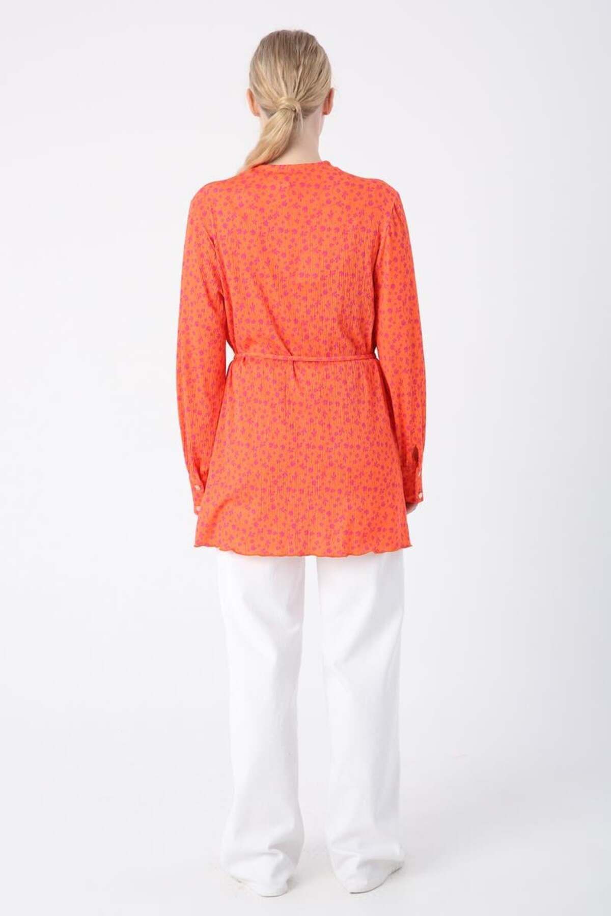 ALLDAY-Orange-Fuchsia-Patterned Comfortable Pleated Tunic with Piping Belt 4