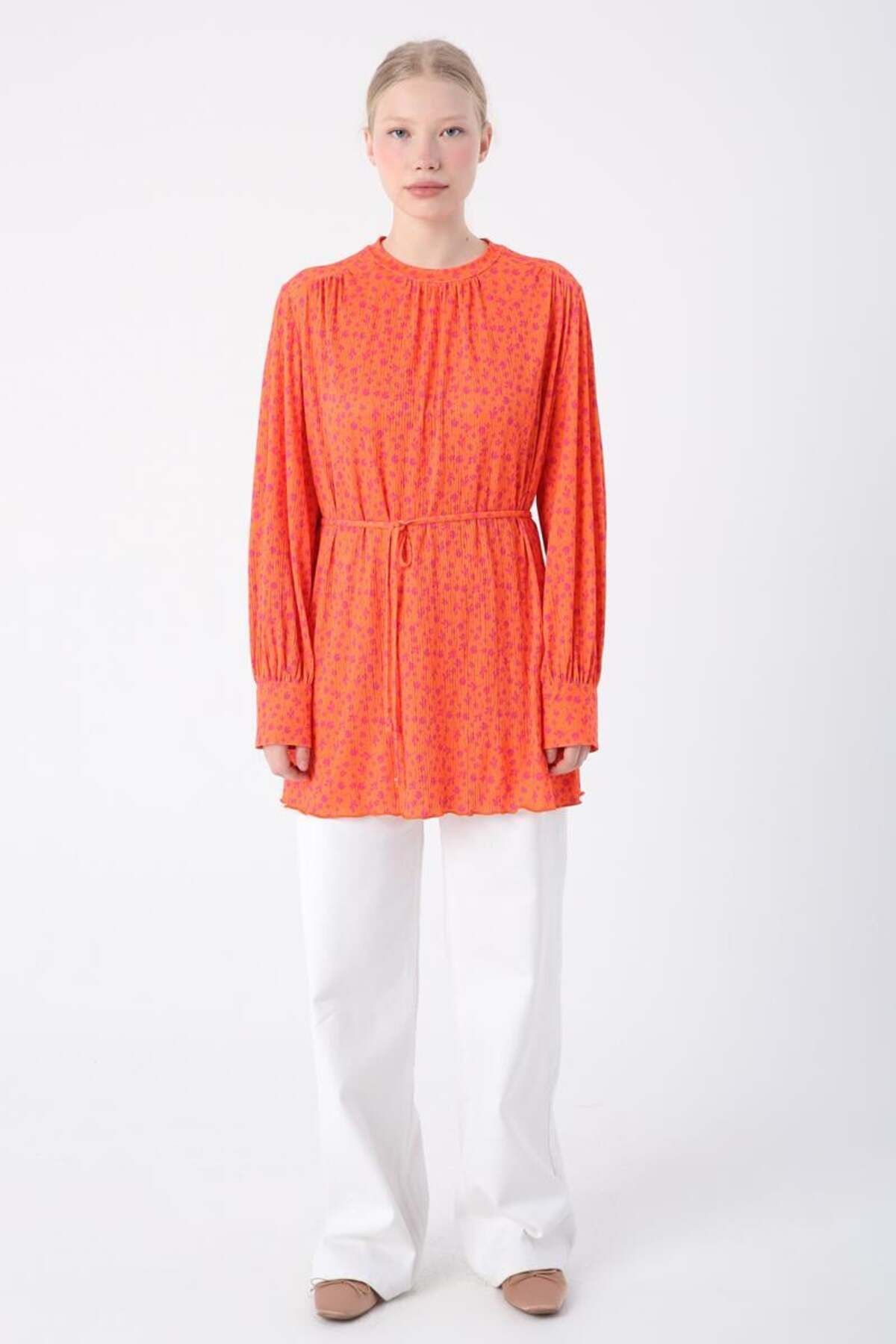ALLDAY-Orange-Fuchsia-Patterned Comfortable Pleated Tunic with Piping Belt 2