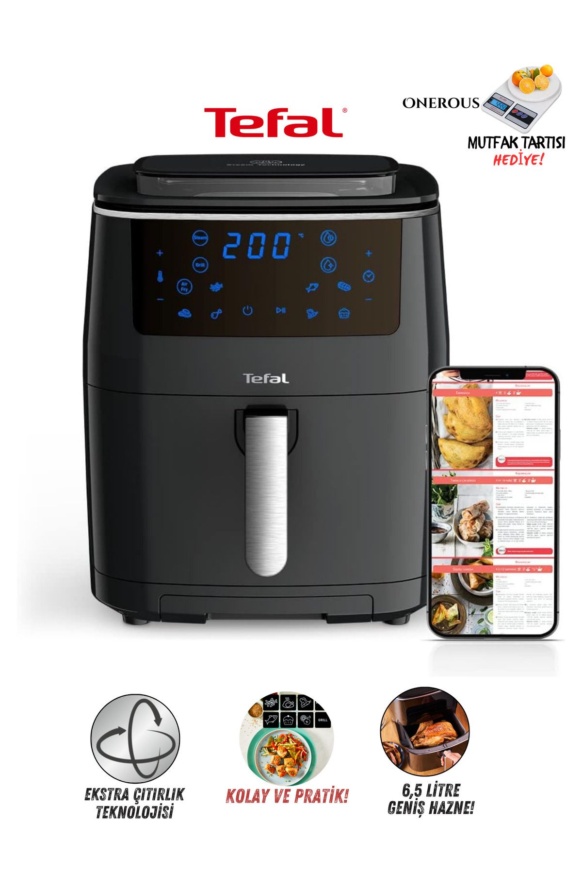 TEFAL 7 Otomatik Programlı 6.5 Lt Kapasiteli Premium Yağsız Fritöz Airfryer | Izgara Modu