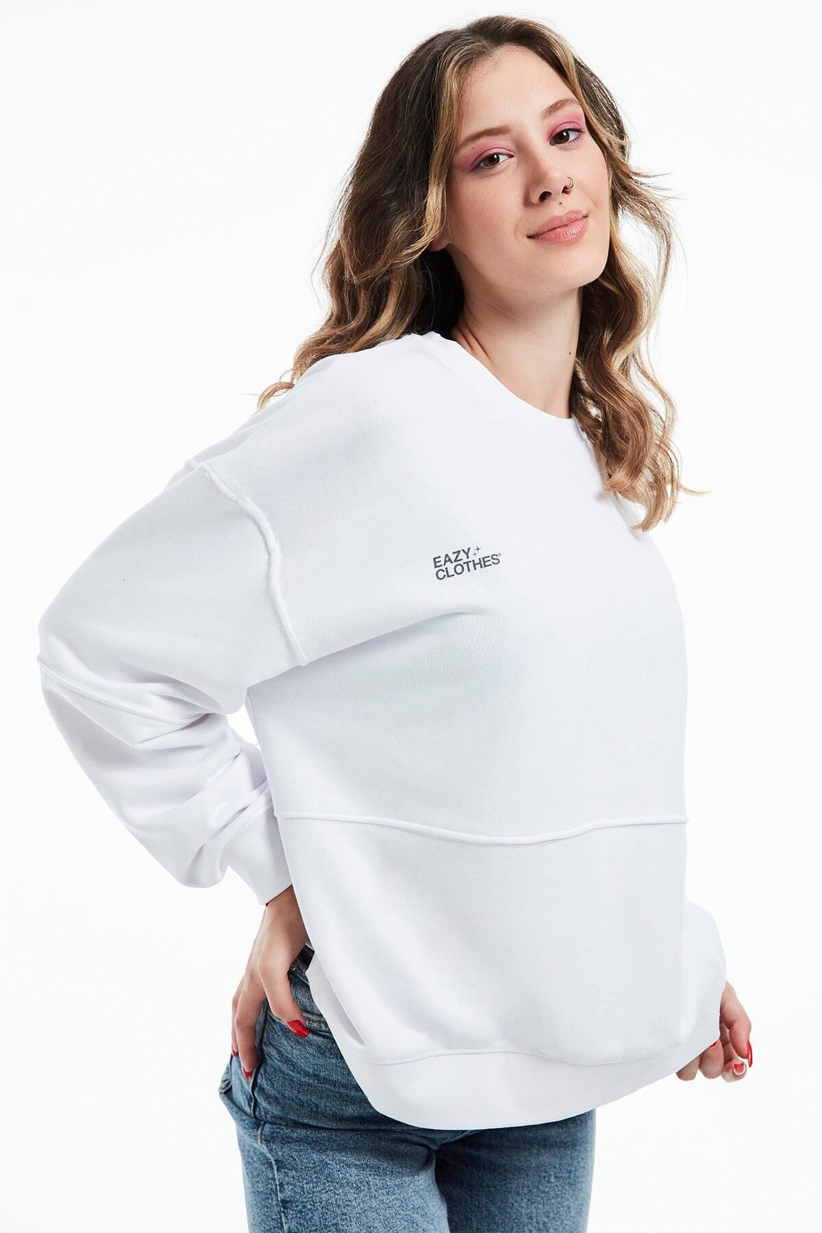Eazy Co-Hanorac premium oversize unisex alb cu gât crew de primăvară petice 6
