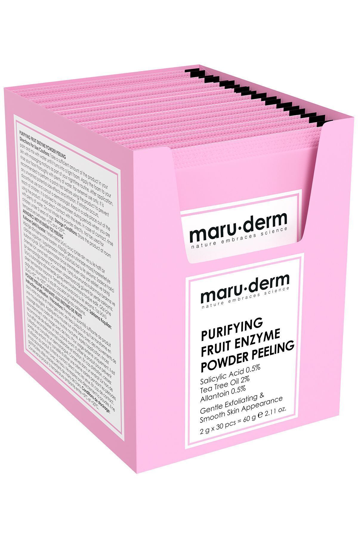 پودر آنزیم پاک کننده میوه Maru.Derm 60 گرم (سالیسیلیک اسید 0.5% + روغن درخت چای 2% + آلانتوئین 0.5%)