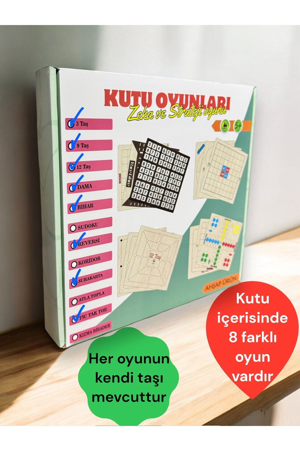Kiri Ahşap Zeka Ve Strateji Oyunu 8 Li Oyun Reversi+12taş+3taş+tic Tac Toe+ Surakarta+ 9taş+ Bihar+dama fotoğrafı 2 (önizleme)