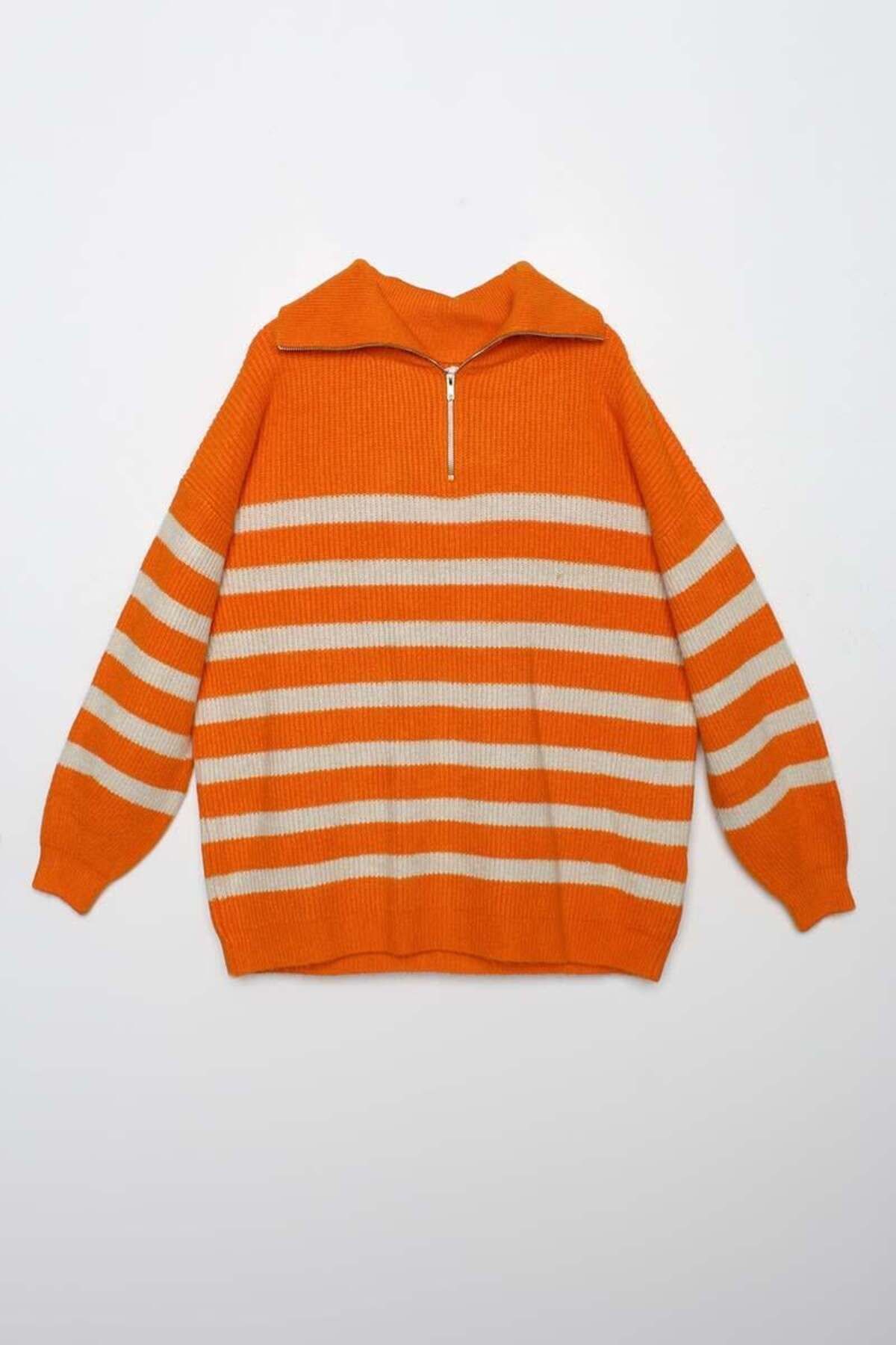 ALLDAY-Orange-Stone-Fisherman's Collar Zippered Knitwear Sweater 8