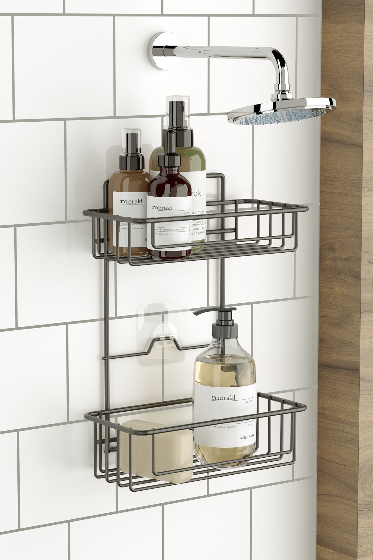 TEKNOTEL BANYO DÜZENLEYİCİ ŞAMPUANLIK 2 KATLI YAPIŞKANLI BANYO DUŞ RAFI MAT SİYAH ST256