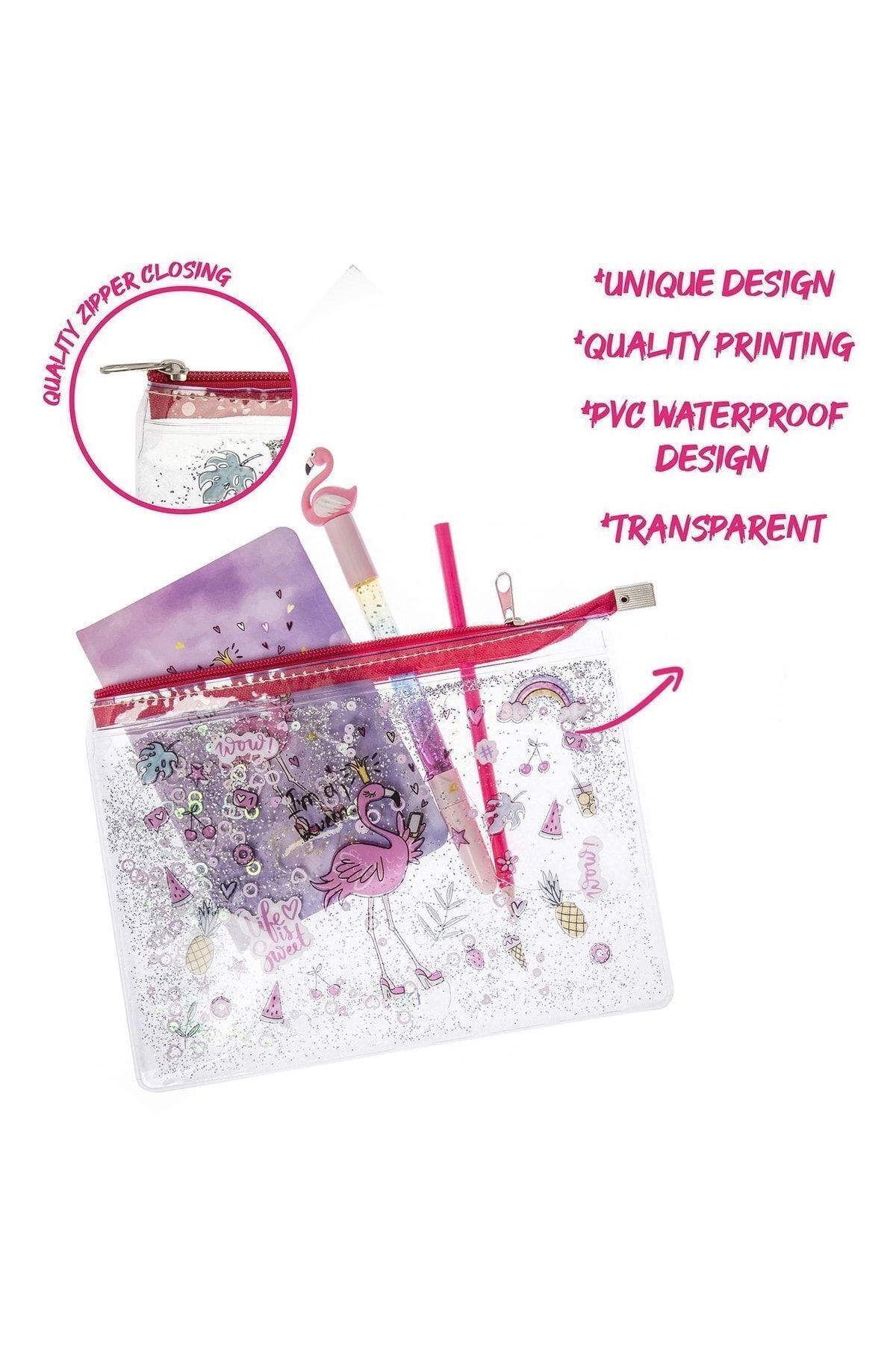 VUKİ-Flamingo Glitter and Watery Zipper Transparent A5 File 4