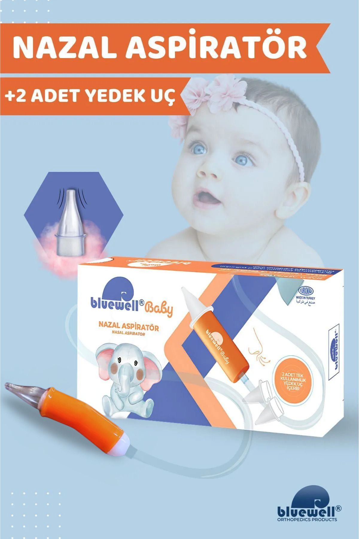 BLUEWELL ORTHOPEDICS PRODUCTS Nazal Burun Aspiratörü +2 Adet Aspiratör Yedek Uç Bebek Burun Temizleyici Otribebe Bruno Baby Uyumlu