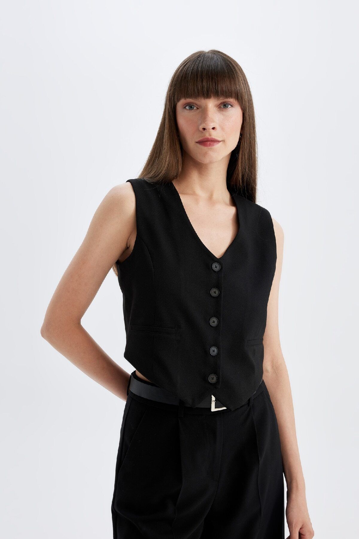 DeFacto-Classic Black Blazer Vest with V-Neck Buttons C2026Ax24Au 4