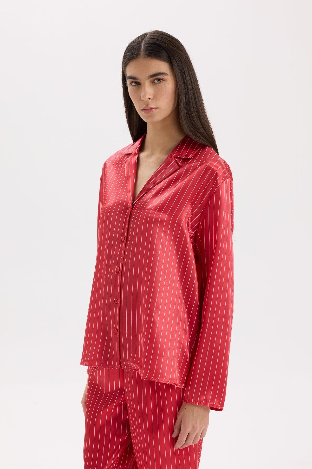 DeFacto-Satin Pajama Set - Long Sleeve, Button, Elastic Waist, Long Bottom D6417Ax24Wn 5