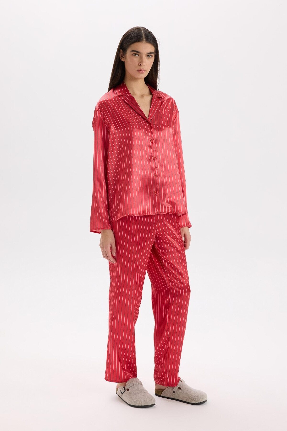 DeFacto-Satin Pajama Set - Long Sleeve, Button, Elastic Waist, Long Bottom D6417Ax24Wn 4