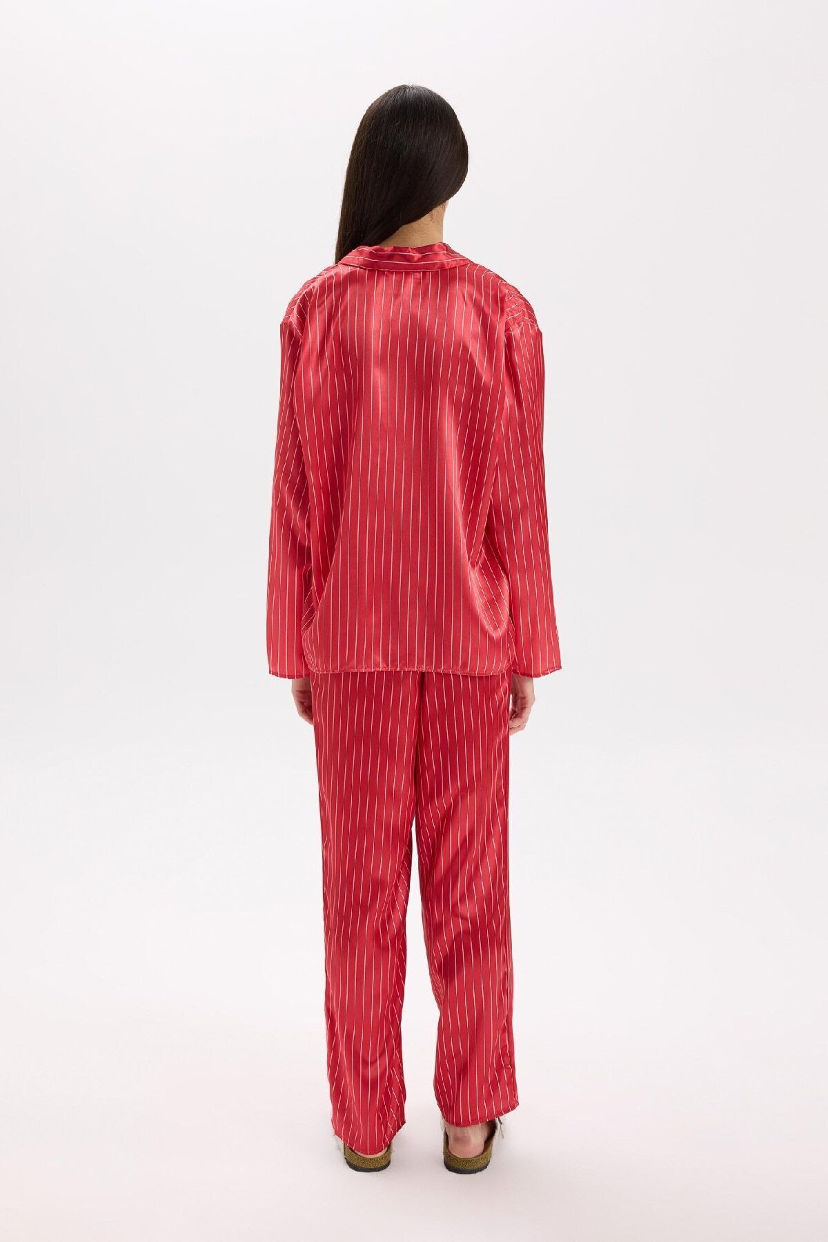 DeFacto-Satin Pajama Set - Long Sleeve, Button, Elastic Waist, Long Bottom D6417Ax24Wn 8