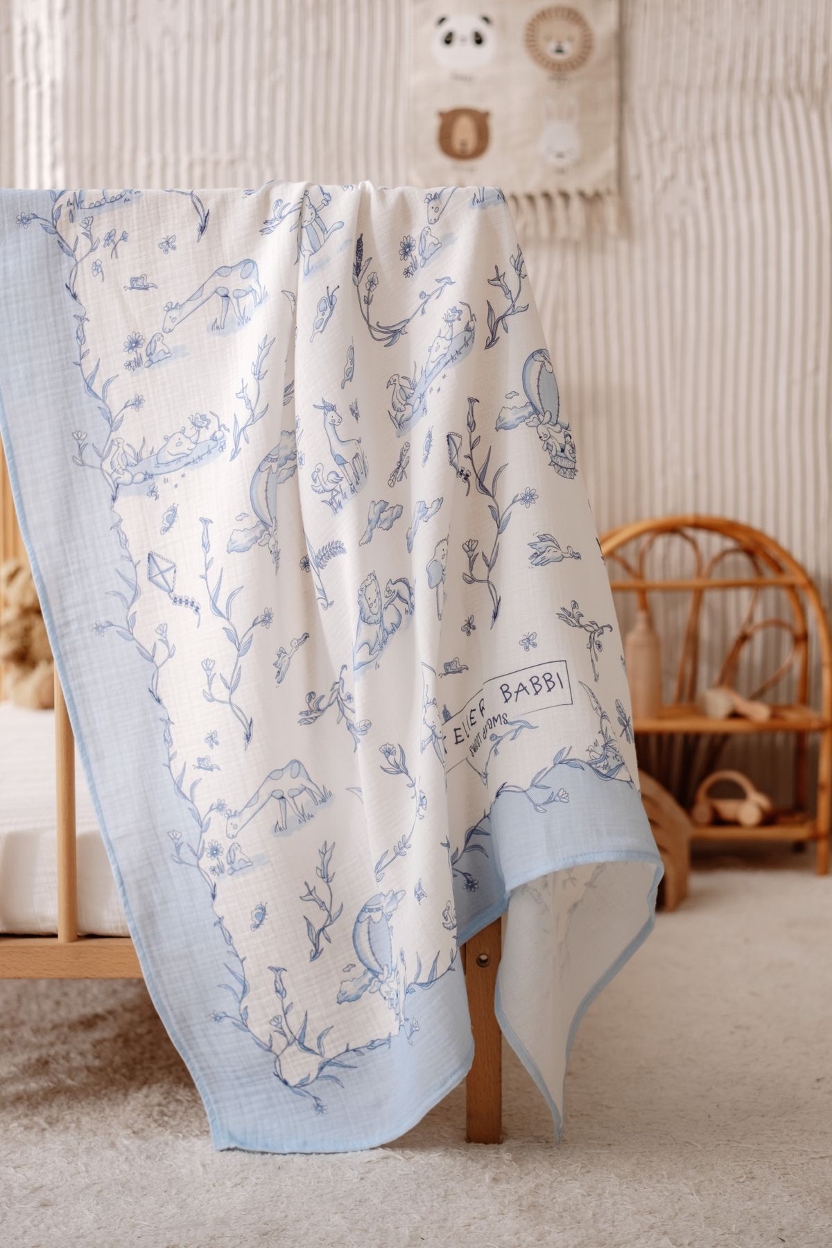 Atelier Babbi Double Layer Muslin Blanket - Toile De Jouy / Blue 100X100 cm
