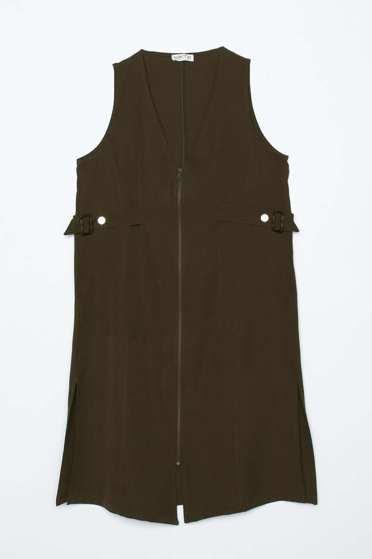 ALLDAY-Khaki-Side Buckle Zipper V-Neck Vest 6